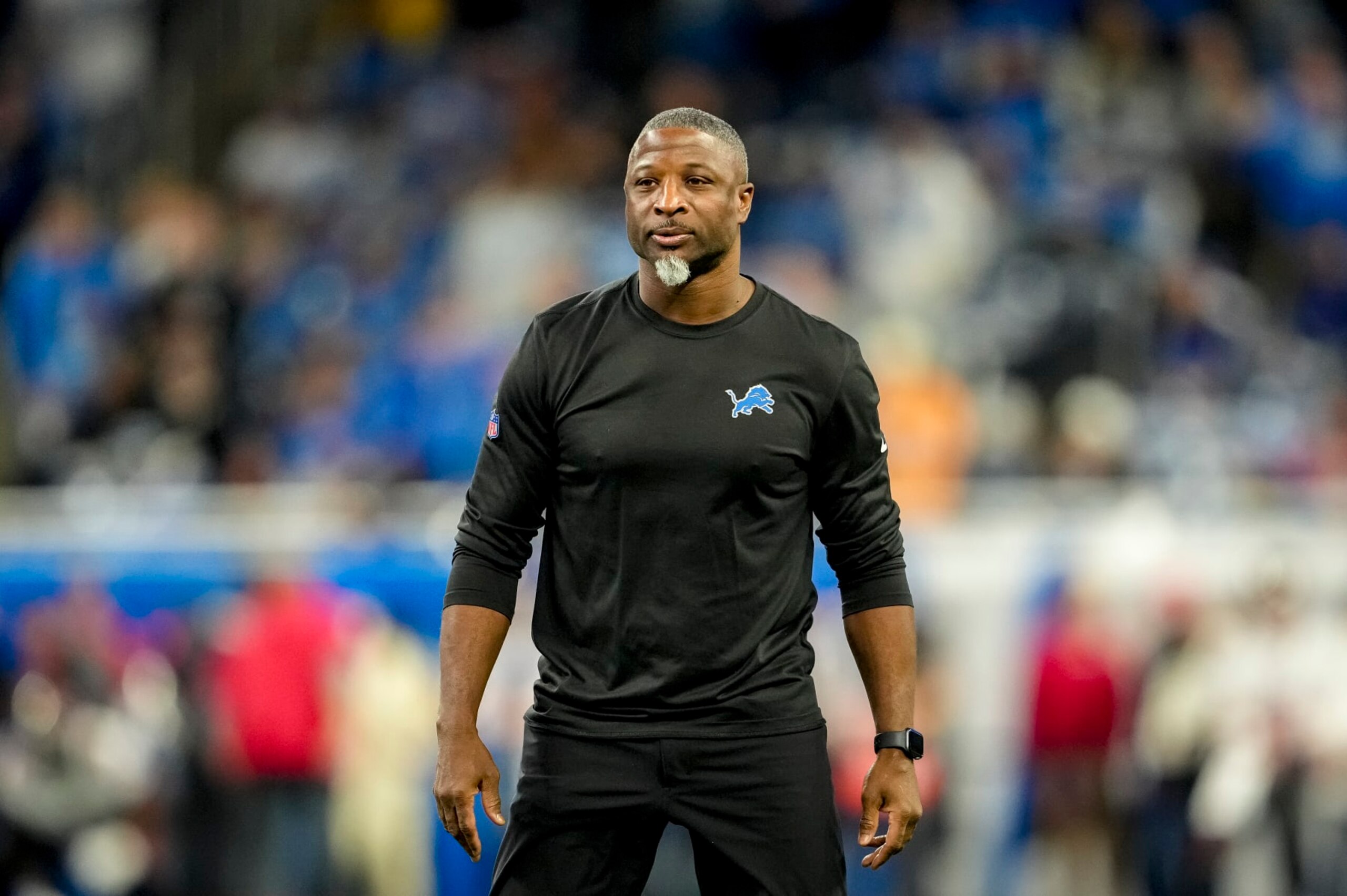 DETROIT, MICHIGAN - JANUARY 21: Defensive coordinator Aaron Glenn of the Detroit Lions looks on against the Tampa Bay Buccaneers at Ford Field on January 21, 2024 in Detroit, Michigan. (Photo by Nic Antaya/Getty Images)