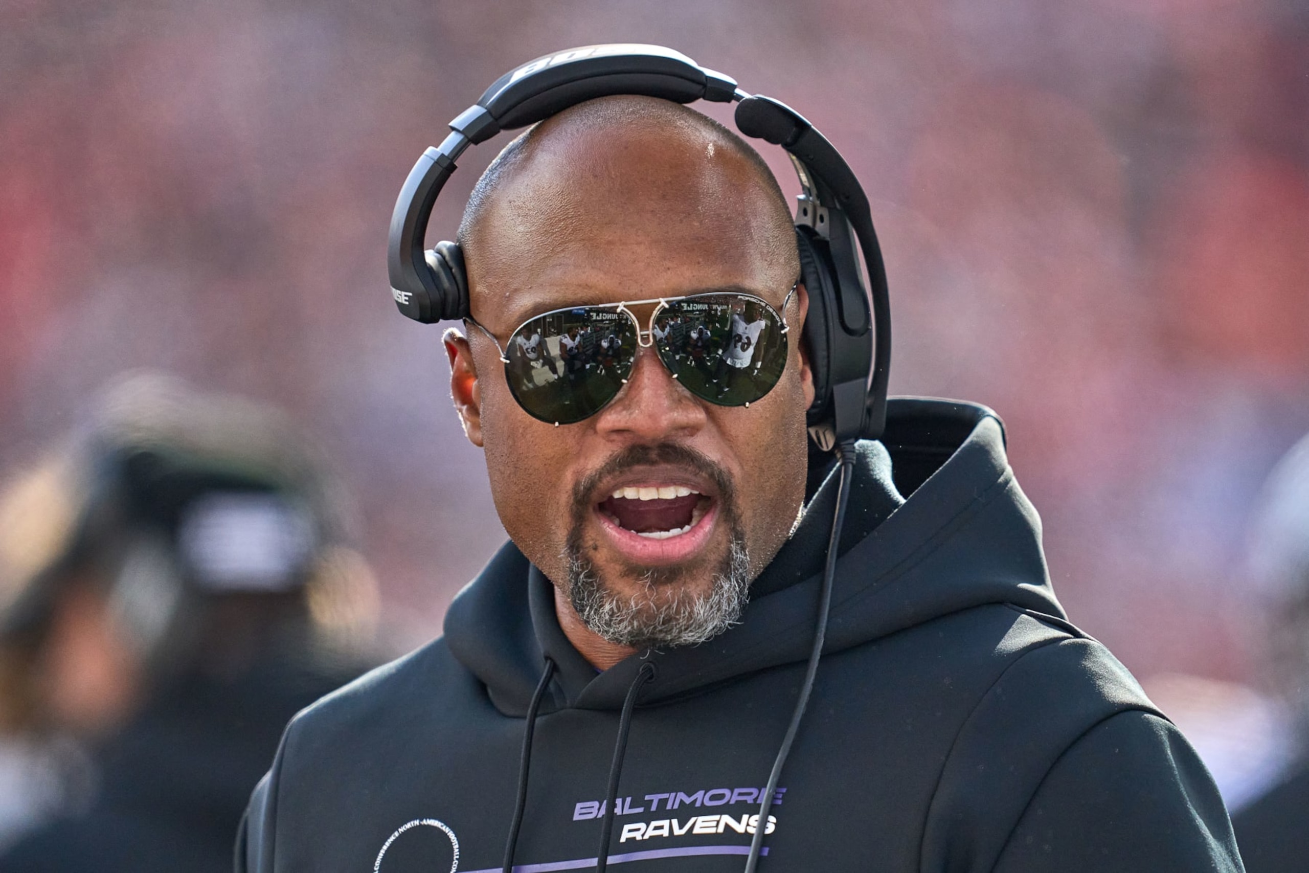 CINCINNATI, OH - DECEMBER 26: Baltimore Ravens Defensive Line Coach Anthony Weaver looks on during a game between the Cincinnati Bengals and the Baltimore Ravens on December 26, 2021, at Paul Brown Stadium in Cincinnati, OH. (Photo by Robin Alam/Icon Sportswire via Getty Images)