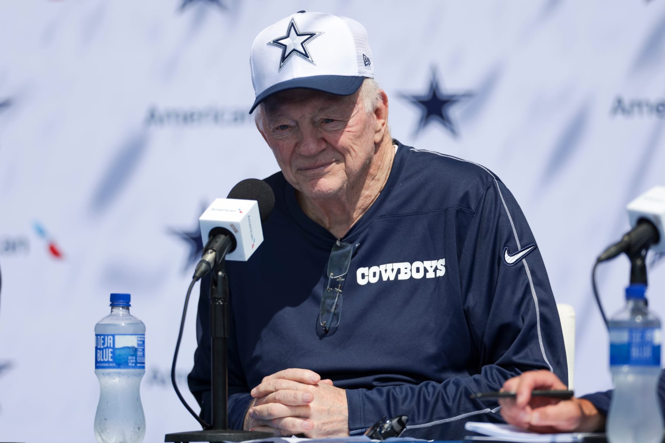 OXNARD, CA - JULY 25: Dallas Cowboys owner Jerry Jones speaks to the media during the team's training camp at River Ridge Playing Fields on July 25, 2024 in Oxnard, CA. (Photo by Brandon Sloter/Icon Sportswire via Getty Images)