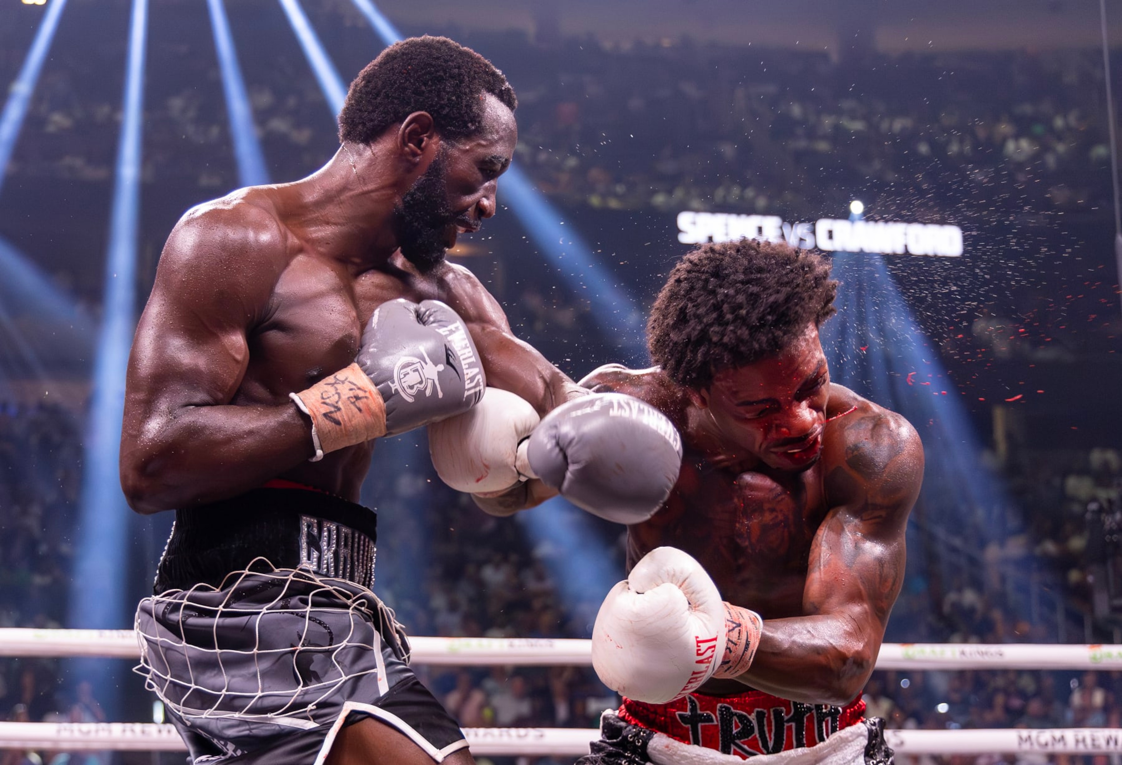 Terence Crawford lands a punch against Errol Spence Jr. Terence Crawford lands a punch against Errol Spence Jr.