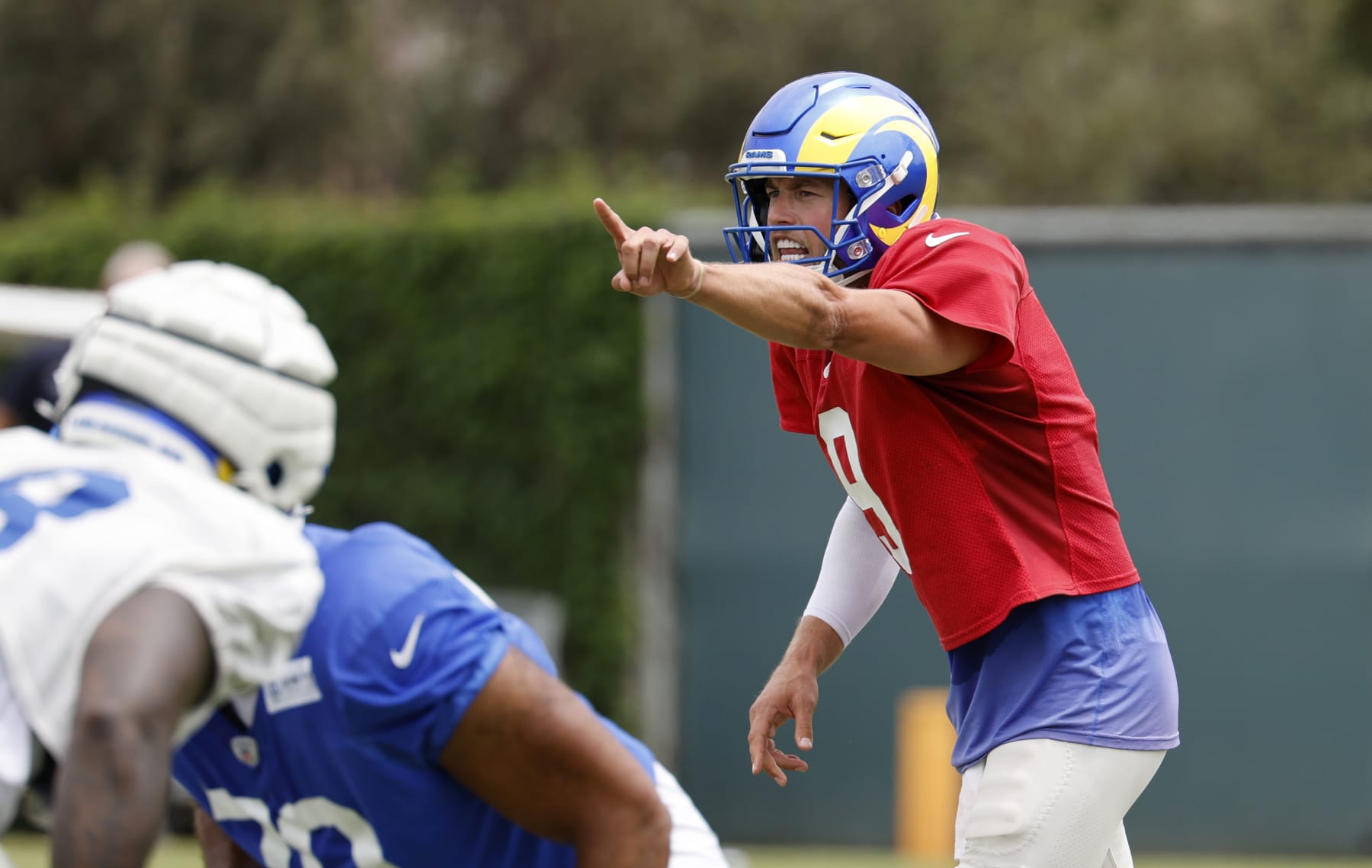 LOS ANGELES, CALIFORNIA - AUGUST 1: Quarterback Matthew Stafford #9 of the Los Angeles Rams yells out a play during training camp at Loyola Marymount University on August 1, 2024 in Los Angeles, California. (Photo by Kevork Djansezian/Getty Images)