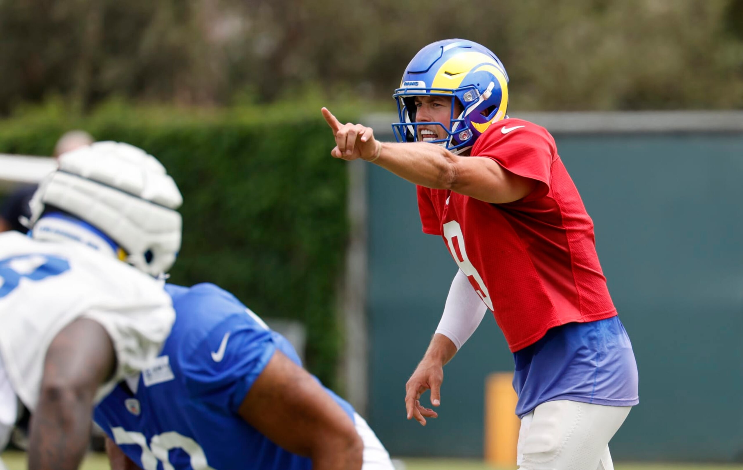 LOS ANGELES, CALIFORNIA - AUGUST 1: Quarterback Matthew Stafford #9 of the Los Angeles Rams yells out a play during training camp at Loyola Marymount University on August 1, 2024 in Los Angeles, California. (Photo by Kevork Djansezian/Getty Images)