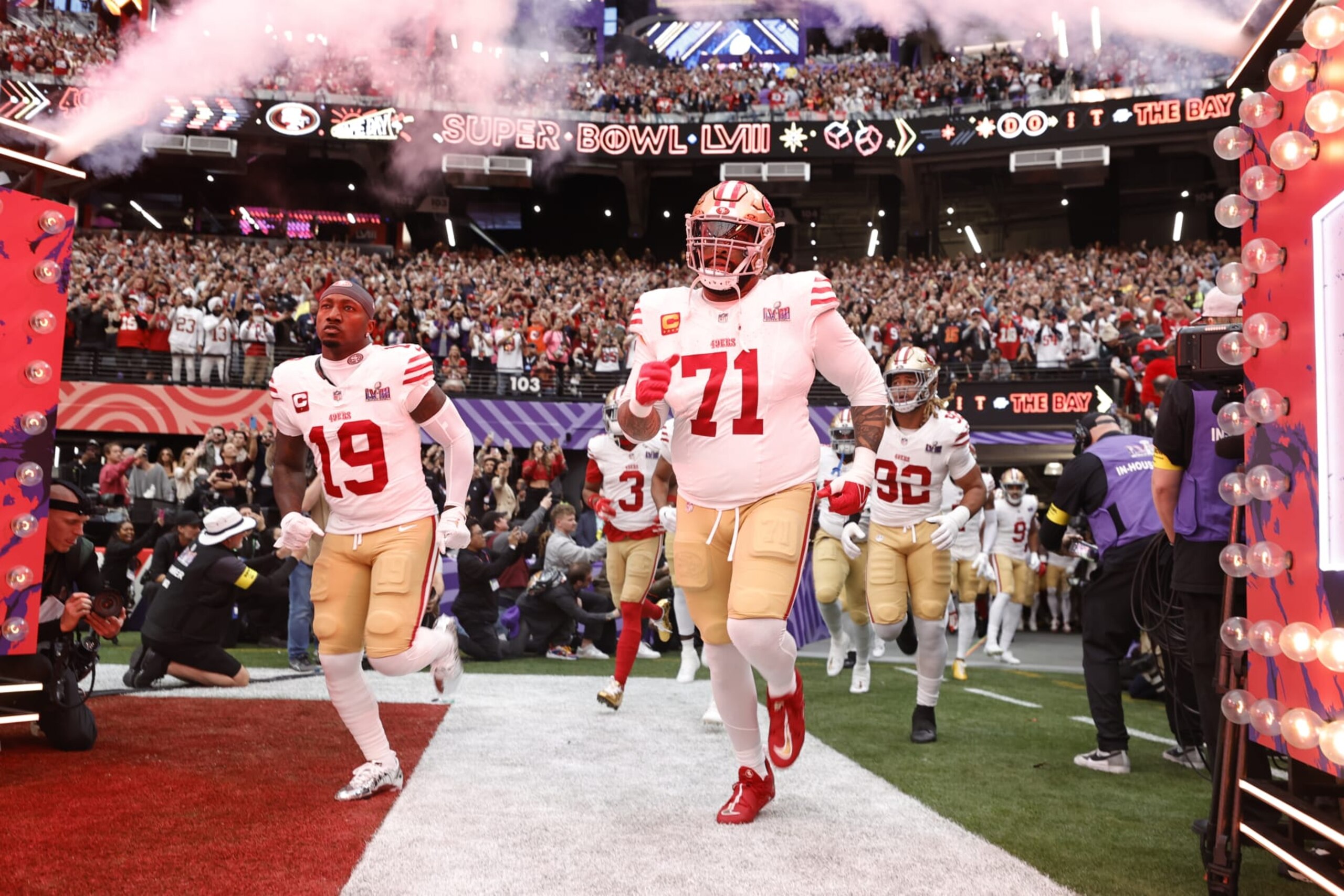LAS VEGAS, NV - FEBRUARY 11: The San Francisco 49ers take the field before Super Bowl LVIII against the Kansas City Chiefs at Allegiant Stadium on February 11, 2024 in Las Vegas, Nevada. The Chiefs defeated the 49ers 25-22. (Photo by Michael Zagaris/San Francisco 49ers/Getty Images)