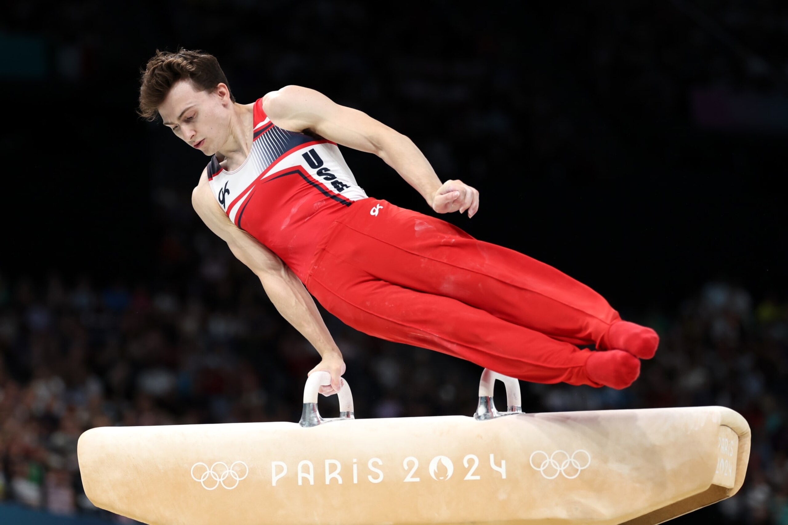 PARIS, FRANCE - AUGUST 03: Stephen Nedoroscik of Team United States competes during the Artistic Gymnastics Men's Pommel Horse Final on day eight of the Olympic Games Paris 2024 at Bercy Arena on August 03, 2024 in Paris, France. (Photo by Julian Finney/Getty Images)