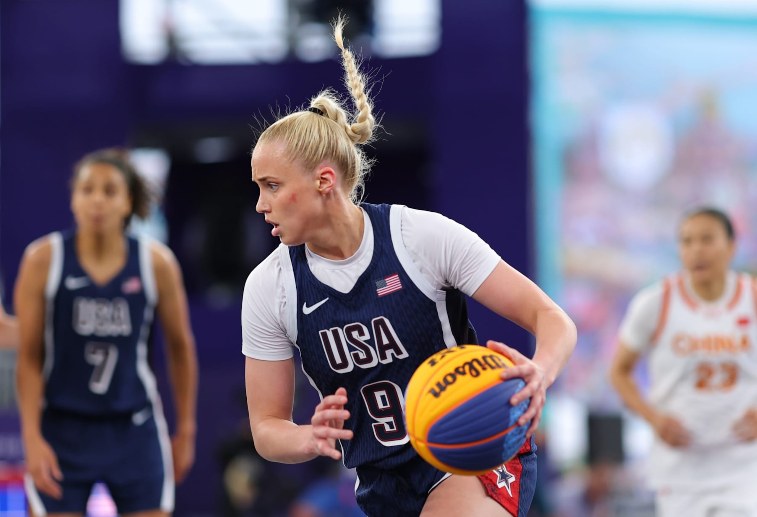 PARIS, FRANCE - AUGUST 03: Hailey van Lith #9 of Team United States dribbles during a Women's 3x3 basketball pool round game between the United States and People's Republic of China on day eight of the Olympic Games Paris 2024 at Esplanade Des Invalides on August 03, 2024 in Paris, France. (Photo by Buda Mendes/Getty Images)