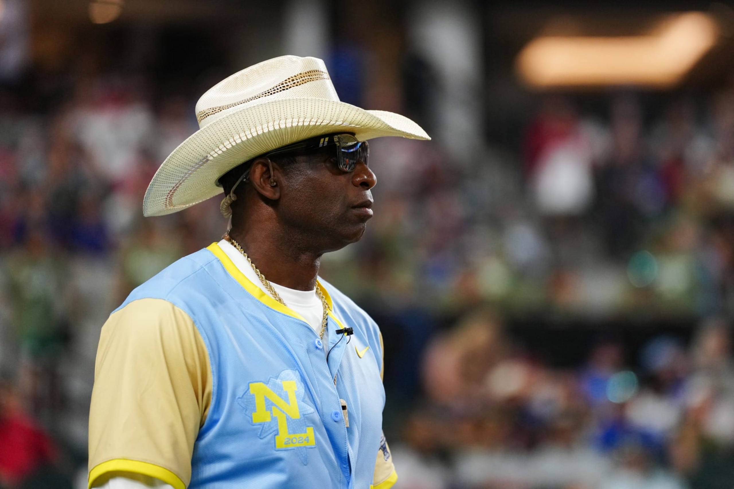 ARLINGTON, TX - JULY 13: Coach Deion Sanders looks on during the 2024 MLB All-Star Celebrity Softball Game presented by Corona at Globe Life Field on Saturday, July 13, 2024 in Arlington, Texas. (Photo by Daniel Shirey/MLB Photos via Getty Images)
