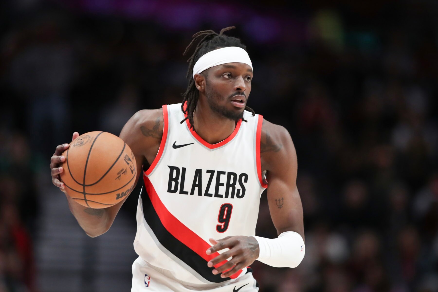 PORTLAND, OREGON - FEBRUARY 23: Jerami Grant #9 of the Portland Trail Blazers plays during the first quarter against the Denver Nuggets at Moda Center on February 23, 2024 in Portland, Oregon. NOTE TO USER: User expressly acknowledges and agrees that, by downloading and or using this photograph, User is consenting to the terms and conditions of the Getty Images License Agreement.  (Photo by Amanda Loman/Getty Images)