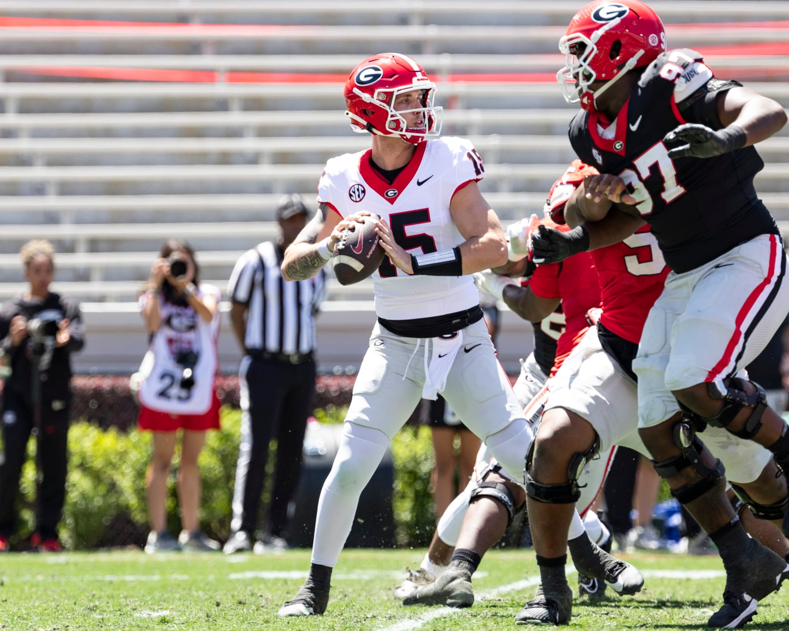 ATHENS, GA - APRIL 13: Carson Beck #15 of the Georgia Bulldogs prepares to pass the ball during the University of Georgia Spring Game at Sanford Stadium on April 13, 2024 in Athens, Georgia. (Photo by Steve Limentani/ISI Photos/Getty Images)