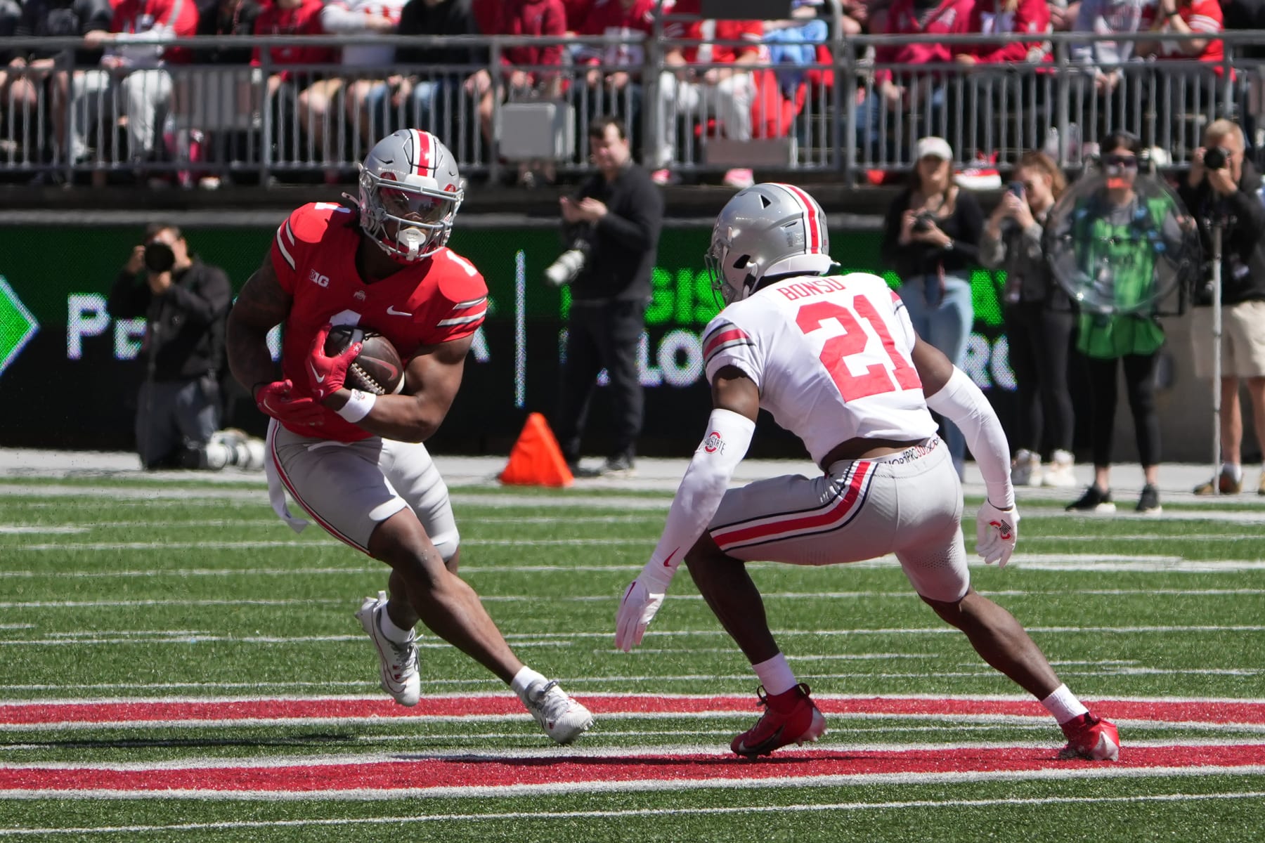 COLUMBUS, OH - APRIL 13:  Ohio State Buckeyes running back Quinshon Judkins (1) carries the ball  the Ohio State Spring Game at Ohio Stadium in Columbus, Ohio on April 13, 2024. (Photo by Jason Mowry/Icon Sportswire via Getty Images)
