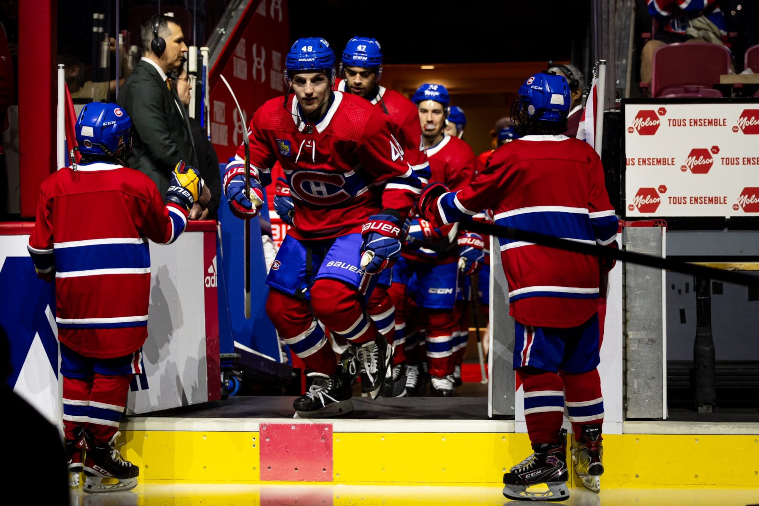 MONTREAL, CANADA - APRIL 16: Lane Hutson #48 of the Montreal Canadiens steps onto the ice before the NHL regular season game against the Detroit Red Wings at the Bell Centre on April 16, 2024 in Montreal, Quebec, Canada. The Detroit Red Wings defeated the Montreal Canadiens in shootout by a score of 5-4. (Photo by Vitor Munhoz/NHLI via Getty Images)