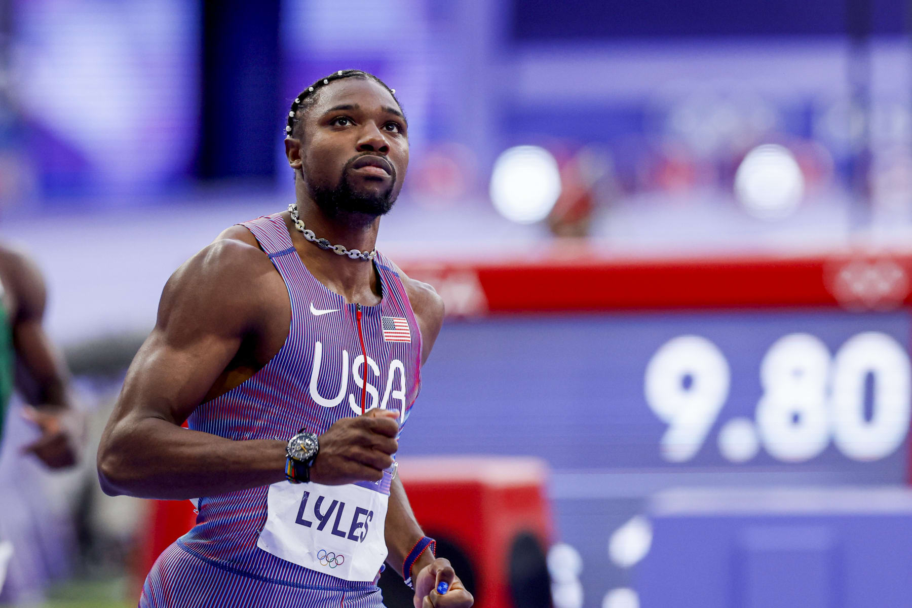 Noah Lyles of USA during the Athletics Men's 100m Semi-Final on Day 9 of the Olympic Games Paris 2024 at Stade de France on August 4, 2024 in Saint-Denis, France. (Photo by Marcel ter Bals/DeFodi Images/DeFodi via Getty Images)