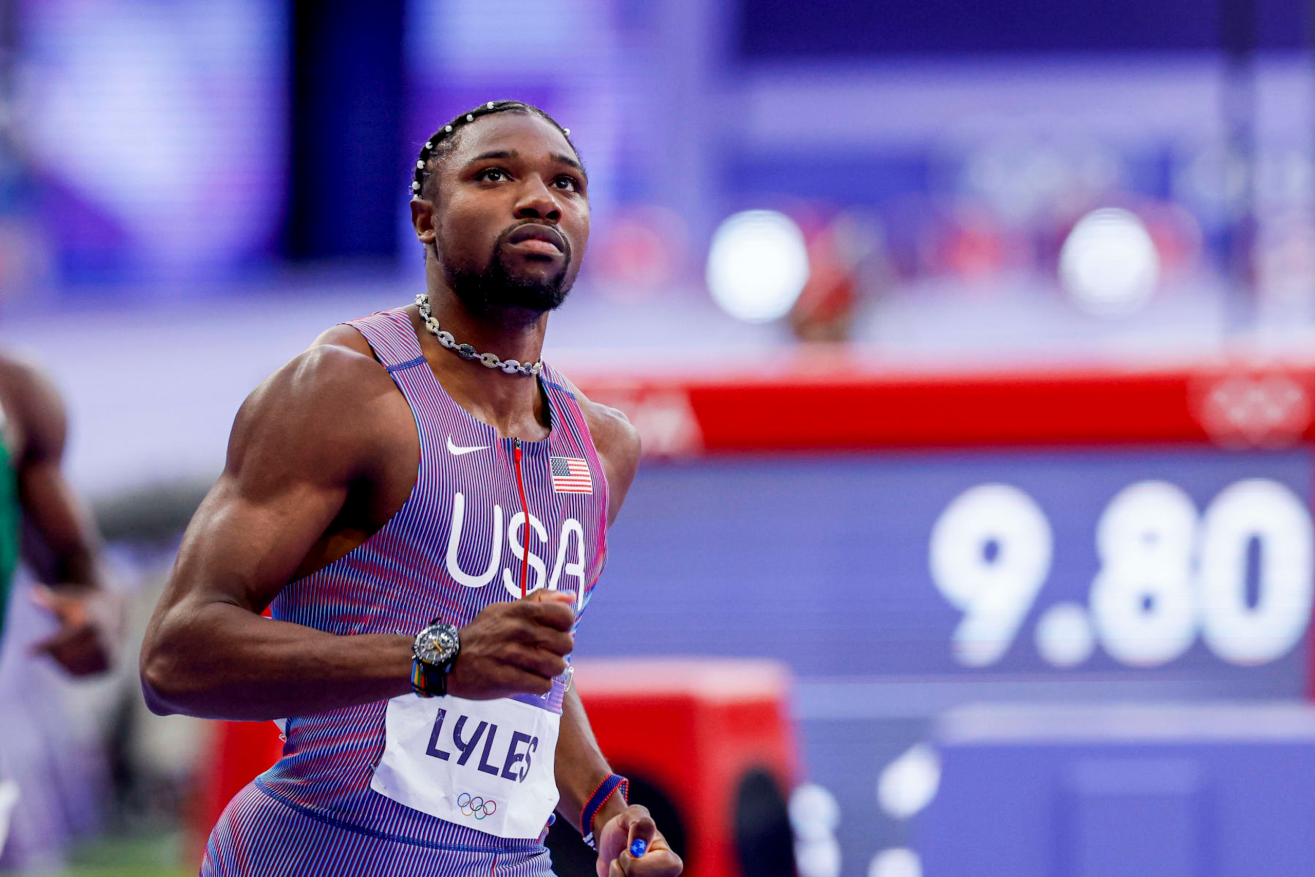 Noah Lyles of USA during the Athletics Men's 100m Semi-Final on Day 9 of the Olympic Games Paris 2024 at Stade de France on August 4, 2024 in Saint-Denis, France. (Photo by Marcel ter Bals/DeFodi Images/DeFodi via Getty Images)