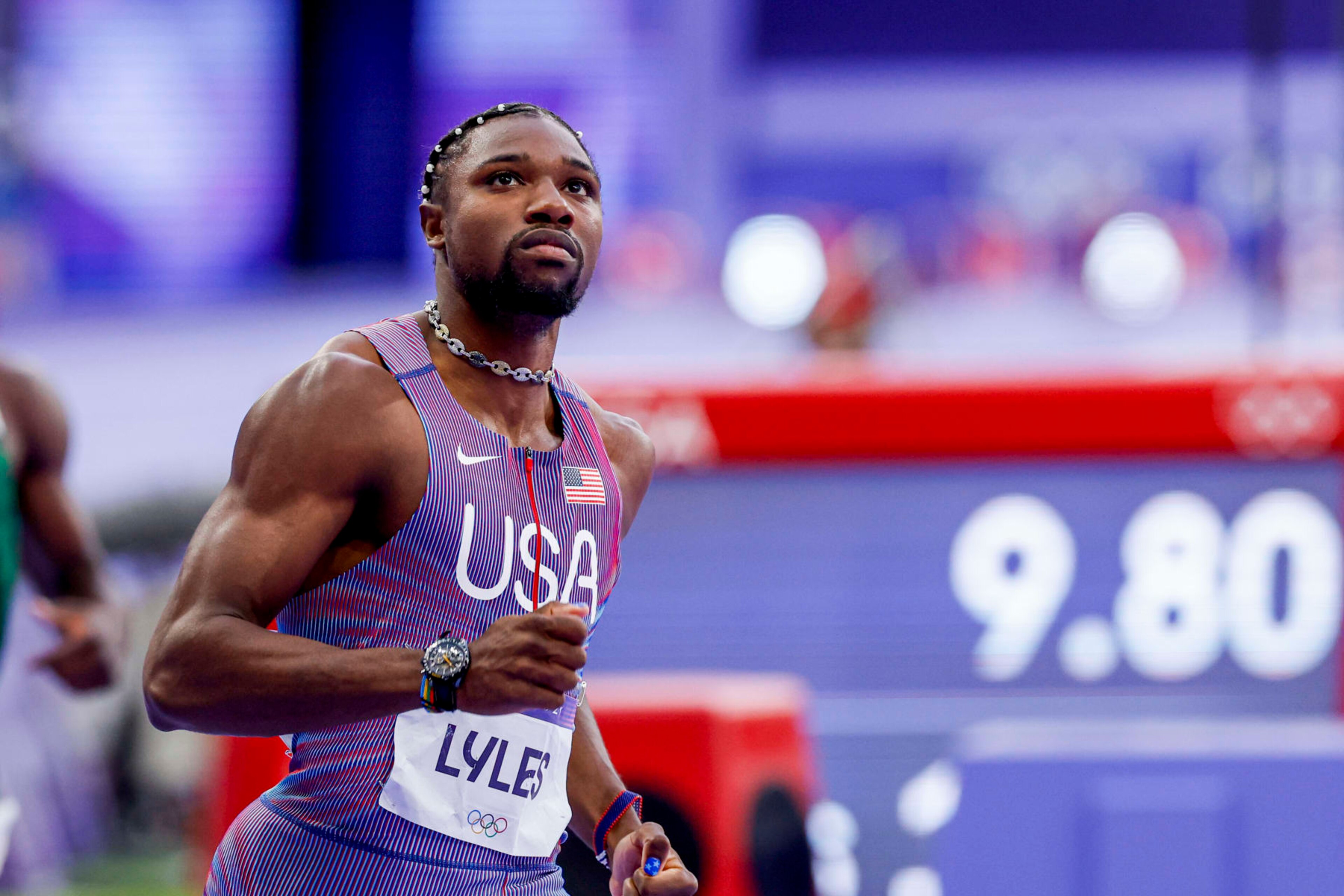 Noah Lyles of USA during the Athletics Men's 100m Semi-Final on Day 9 of the Olympic Games Paris 2024 at Stade de France on August 4, 2024 in Saint-Denis, France. (Photo by Marcel ter Bals/DeFodi Images/DeFodi via Getty Images) Noah Lyles of USA during the Athletics Men's 100m Semi-Final on Day 9 of the Olympic Games Paris 2024 at Stade de France on August 4, 2024 in Saint-Denis, France. (Photo by Marcel ter Bals/DeFodi Images/DeFodi via Getty Images)