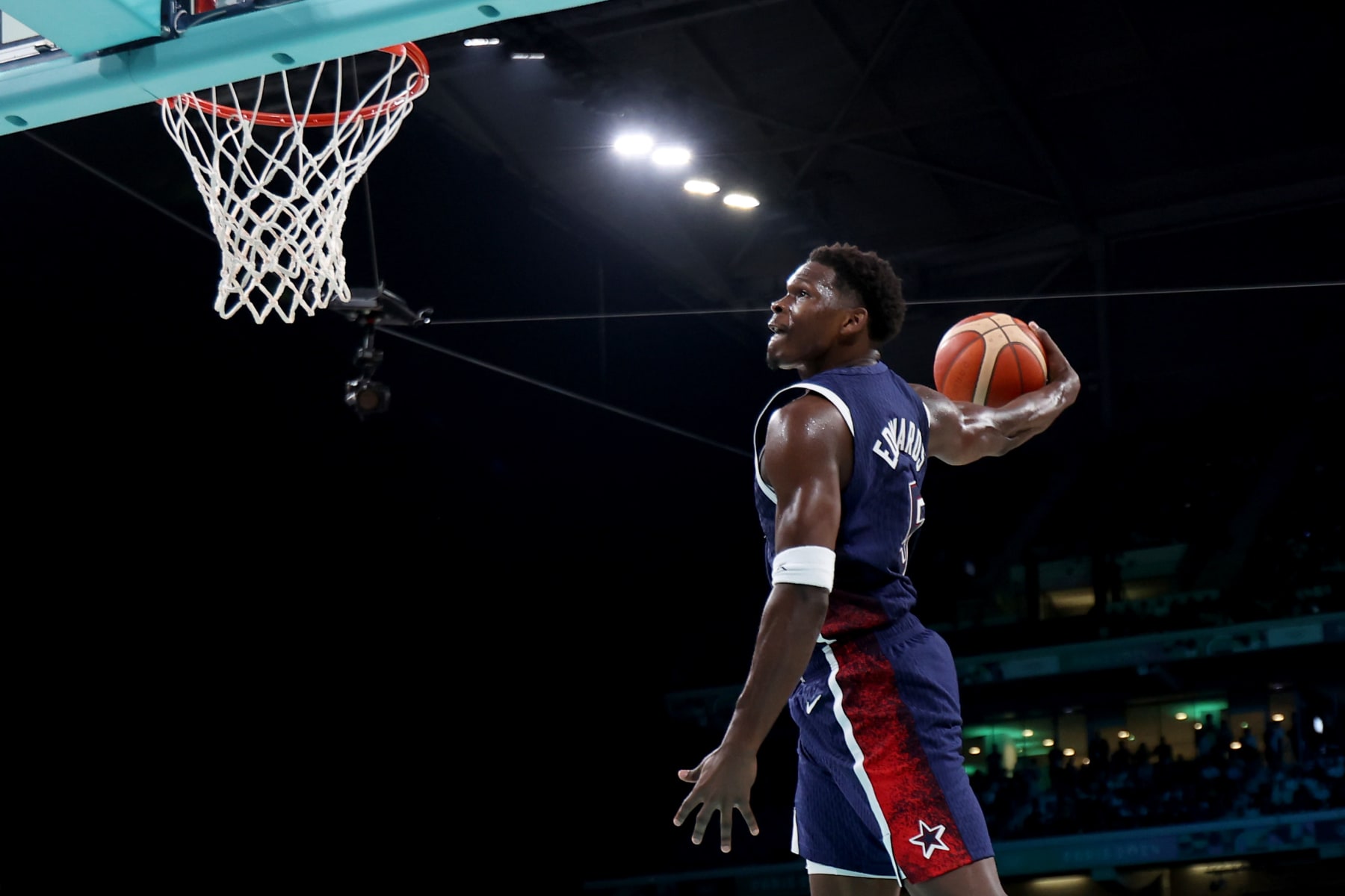 LILLE, FRANCE - AUGUST 03: Anthony Edwards #5 of Team United States goes up for a dunk during a Men's basketball group phase-group C game between the United States and Puerto Rico on day eight of the Olympic Games Paris 2024 at Stade Pierre Mauroy on August 03, 2024 in Lille, France. (Photo by Gregory Shamus/Getty Images)
