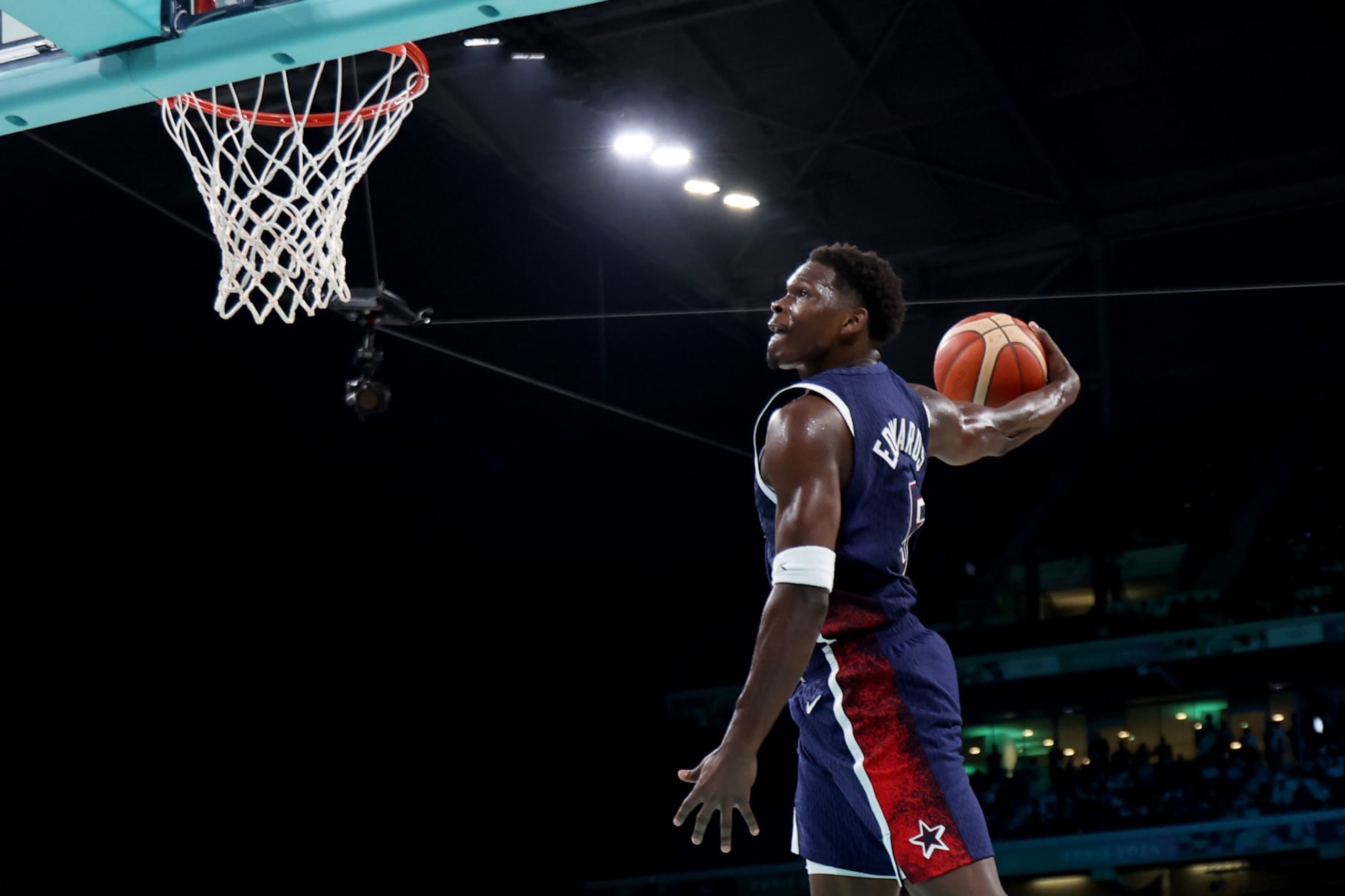 LILLE, FRANCE - AUGUST 03: Anthony Edwards #5 of Team United States goes up for a dunk during a Men's basketball group phase-group C game between the United States and Puerto Rico on day eight of the Olympic Games Paris 2024 at Stade Pierre Mauroy on August 03, 2024 in Lille, France. (Photo by Gregory Shamus/Getty Images)