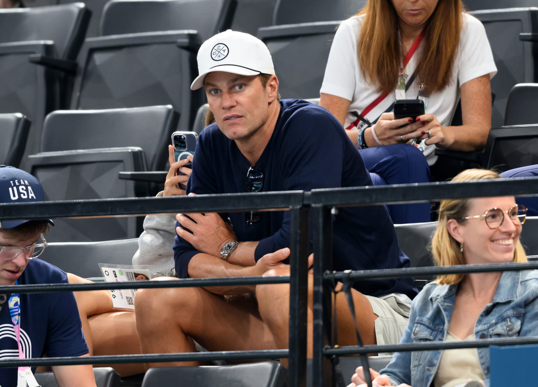 PARIS, FRANCE - AUGUST 05: Tom Brady attends the Artistic Gymnastics Women's Floor Exercise Final on day ten of the Olympic Games Paris 2024 at Bercy Arena on August 05, 2024 in Paris, France. (Photo by Karwai Tang/Getty Images)