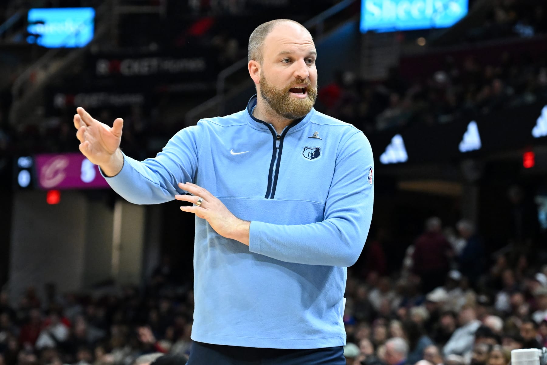 CLEVELAND, OHIO - APRIL 10: Head coach Taylor Jenkins of the Memphis Grizzlies yells to players during the first half against the Cleveland Cavaliers at Rocket Mortgage Fieldhouse on April 10, 2024 in Cleveland, Ohio. NOTE TO USER: User expressly acknowledges and agrees that, by downloading and or using this photograph, User is consenting to the terms and conditions of the Getty Images License Agreement. (Photo by Nick Cammett/Getty Images)