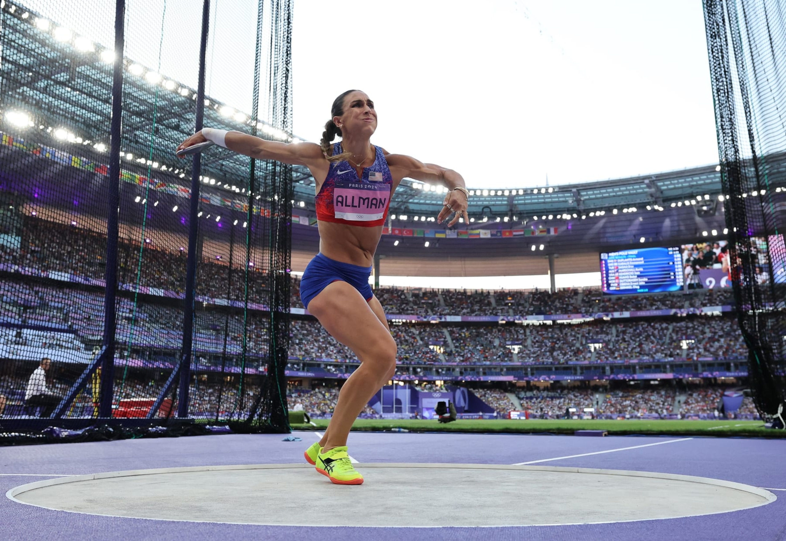 PARIS, FRANCE - AUGUST 05: Valarie Allman of Tem United States competes during Women's Discus Throw Final on day ten of the Olympic Games Paris 2024 at Stade de France on August 05, 2024 in Paris, France. (Photo by Michael Steele/Getty Images)