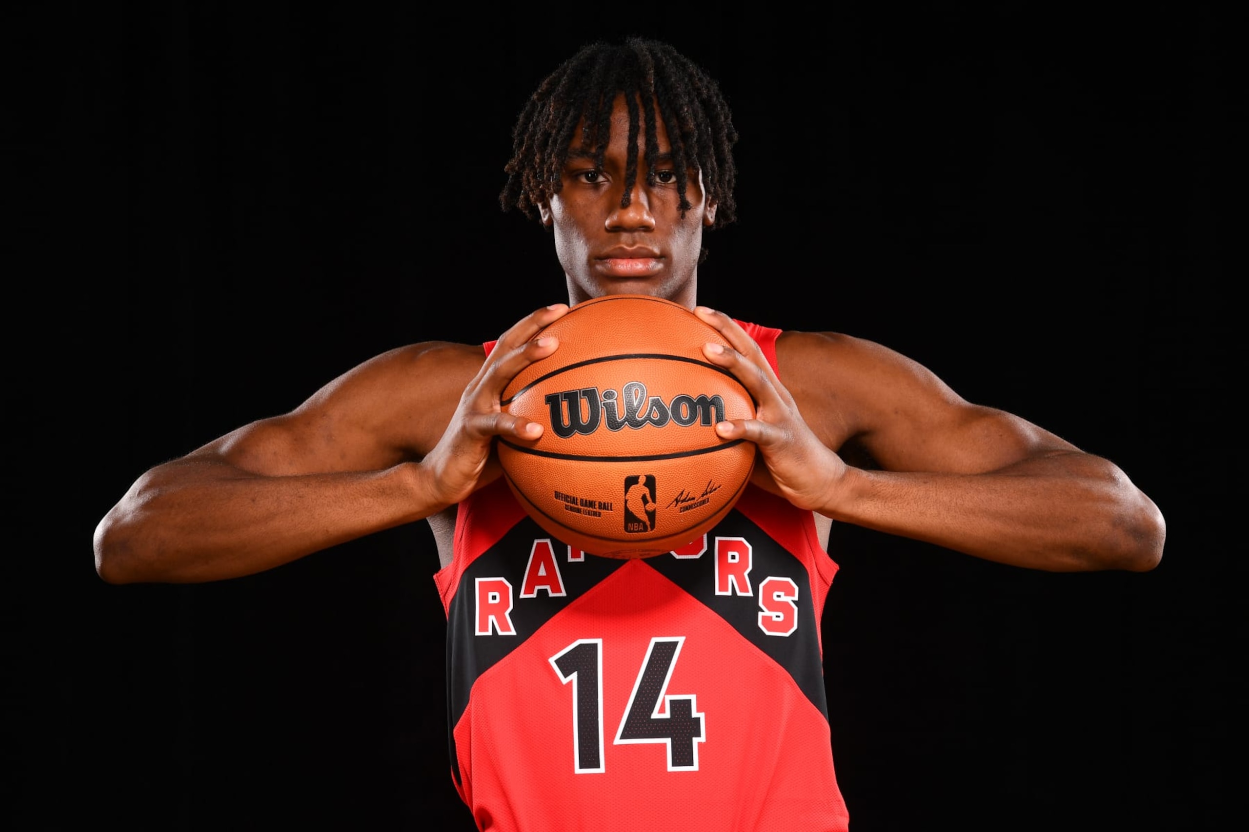 LAS VEGAS, NV - JULY 16: Ja'Kobe Walter #14 of the Toronto Raptors poses for a portrait during the 2024 NBA Rookie Photo Shoot on July 16, 2024 at the University of Nevada, Las Vegas campus in Las Vegas, Nevada. NOTE TO USER: User expressly acknowledges and agrees that, by downloading and/or using this Photograph, user is consenting to the terms and conditions of the Getty Images License Agreement. Mandatory Copyright Notice: Copyright 2024 NBAE (Photo by Brian Babineau/NBAE via Getty Images)