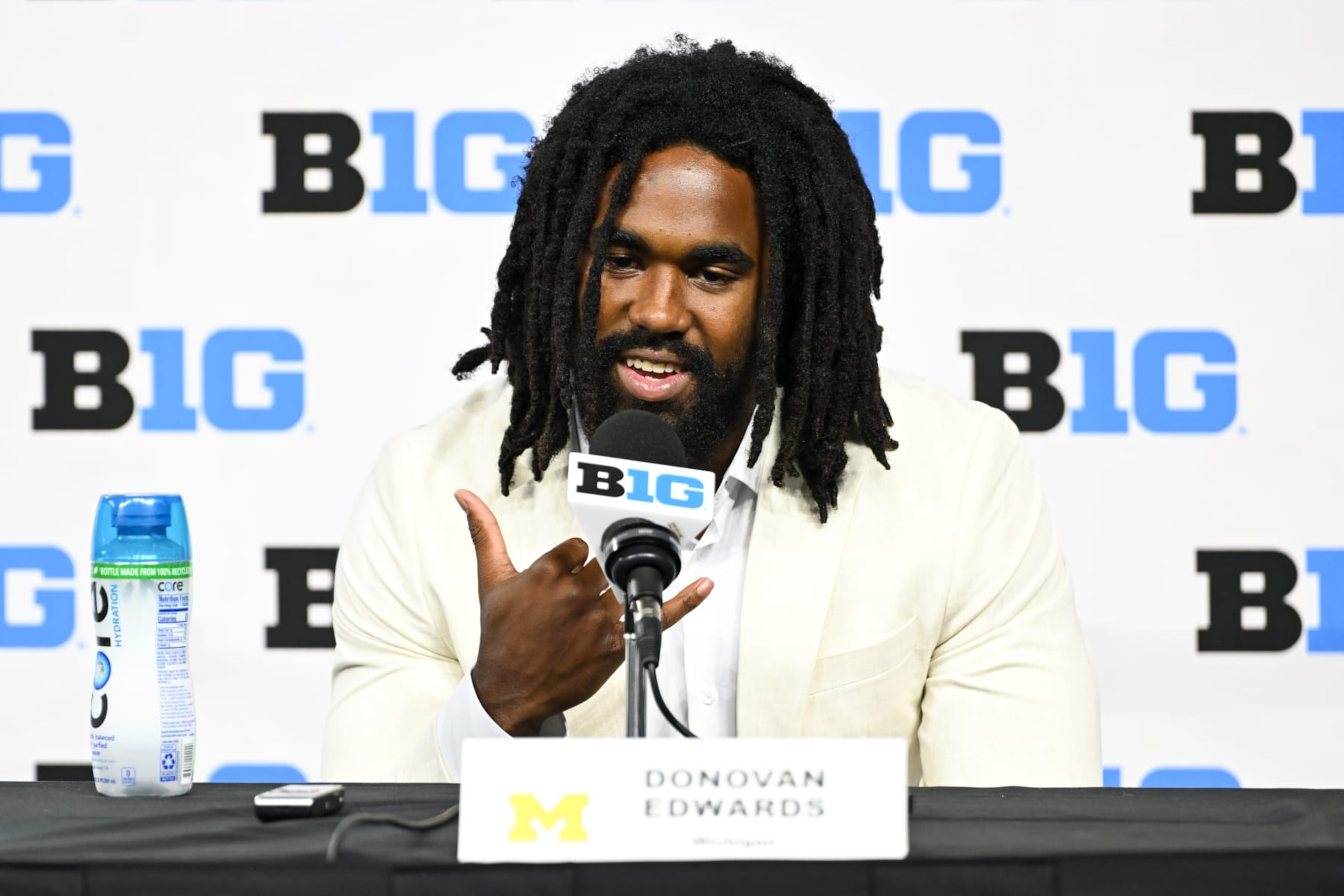 INDIANAPOLIS, IN - JULY 25: Michigan Wolverines RB Donovan Edwards speaks during the 2024 Big Ten Media Days on July 25, 2024 at Lucas Oil Stadium in Indianapolis, IN. (Photo by James Black/Icon Sportswire via Getty Images)