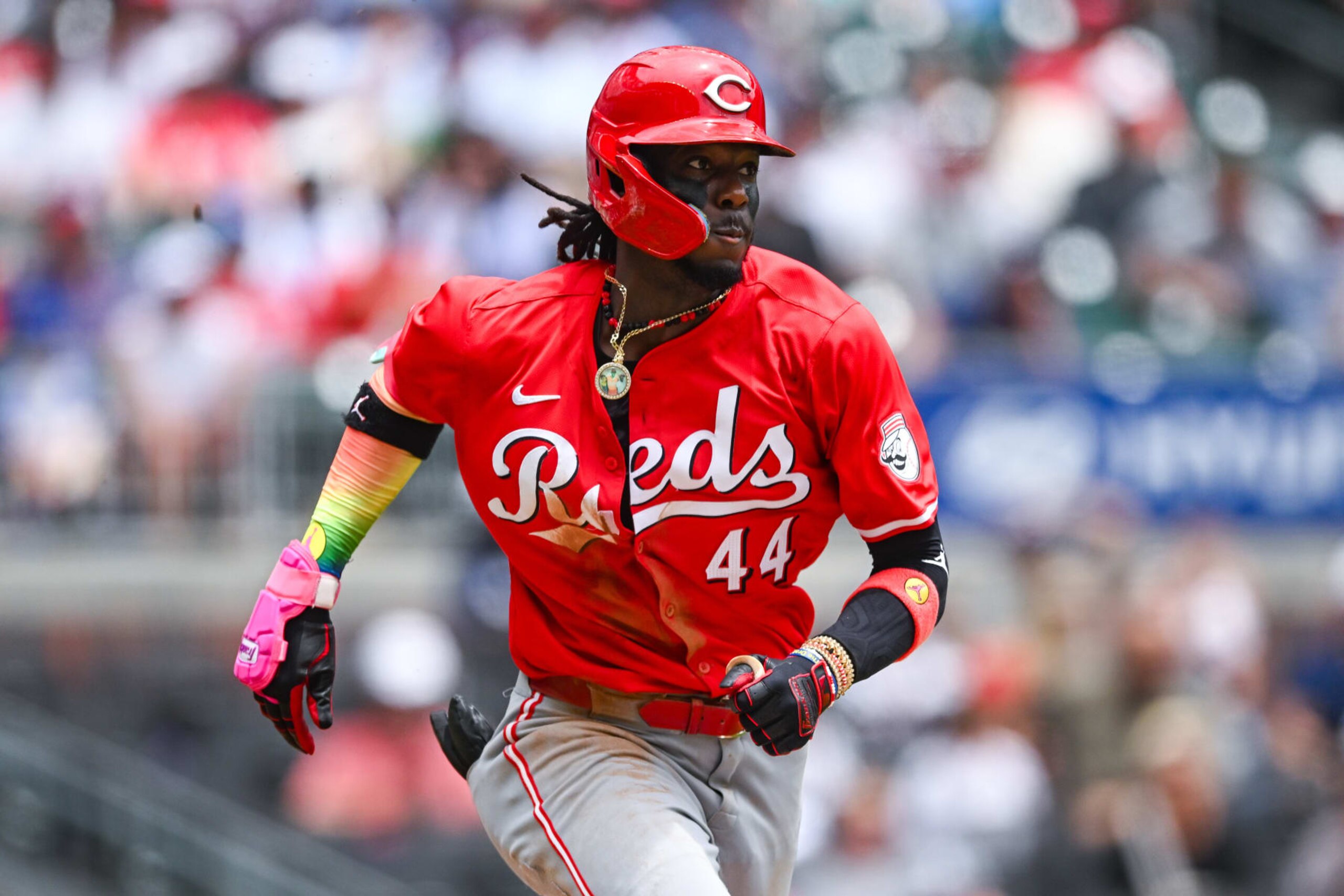 ATLANTA, GA JULY 24: Cincinnati shortstop Elly De La Cruz (44) runs to first base during the first game of a MLB doubleheader between the Cincinnati Reds and the Atlanta Braves on July 24th, 2024 at Truist Park in Atlanta, GA. (Photo by Rich von Biberstein/Icon Sportswire via Getty Images) ATLANTA, GA JULY 24: Cincinnati shortstop Elly De La Cruz (44) runs to first base during the first game of a MLB doubleheader between the Cincinnati Reds and the Atlanta Braves on July 24th, 2024 at Truist Park in Atlanta, GA. (Photo by Rich von Biberstein/Icon Sportswire via Getty Images)
