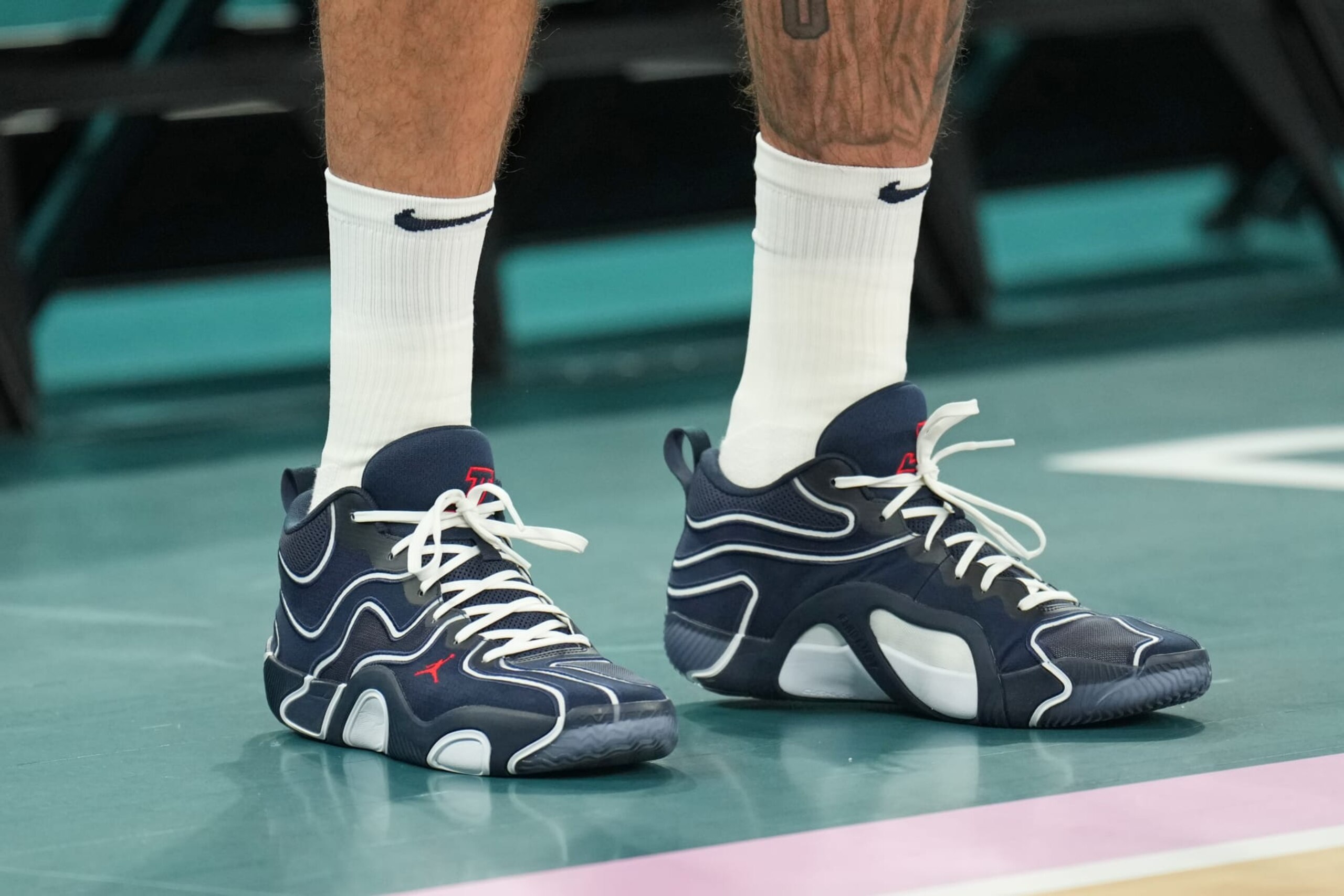 PARIS, FRANCE - AUGUST 6: The sneakers worn by Jayson Tatum #10 of Team USA during the game against Team Brazil on August 6, 2024 in Paris, France. NOTE TO USER: User expressly acknowledges and agrees that, by downloading and/or using this photograph, user is consenting to the terms and conditions of the Getty Images License Agreement. Mandatory Copyright Notice: Copyright 2024 NBAE (Photo by Jesse D. Garrabrant/NBAE via Getty Images) PARIS, FRANCE - AUGUST 6: The sneakers worn by Jayson Tatum #10 of Team USA during the game against Team Brazil on August 6, 2024 in Paris, France. NOTE TO USER: User expressly acknowledges and agrees that, by downloading and/or using this photograph, user is consenting to the terms and conditions of the Getty Images License Agreement. Mandatory Copyright Notice: Copyright 2024 NBAE (Photo by Jesse D. Garrabrant/NBAE via Getty Images)