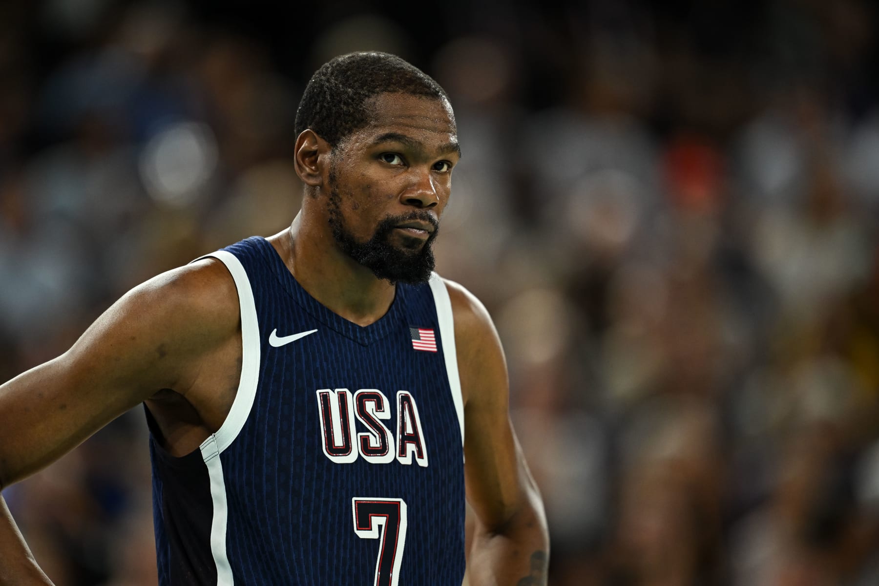 PARIS, FRANCE - AUGUST 06: Kevin Durant of the United States reacts during the Men's Basketball Quarterfinal match between Brazil and United States of America on day eleven of the Olympic Games Paris 2024 at Bercy Arena on August 06, 2024 in Paris, France. (Photo by Daniel Kopatsch/Getty Images)