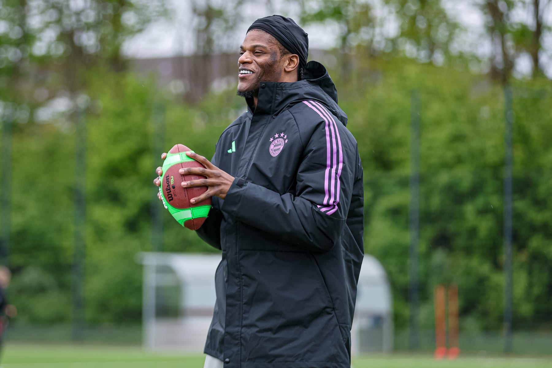MUNICH, GERMANY - APRIL 21: Lamar Jackson leads the 'Flag Clinic' at FC Bayern Campus on April 21, 2024 in Munich, Germany. (Photo by Leonhard Simon/Getty Images)