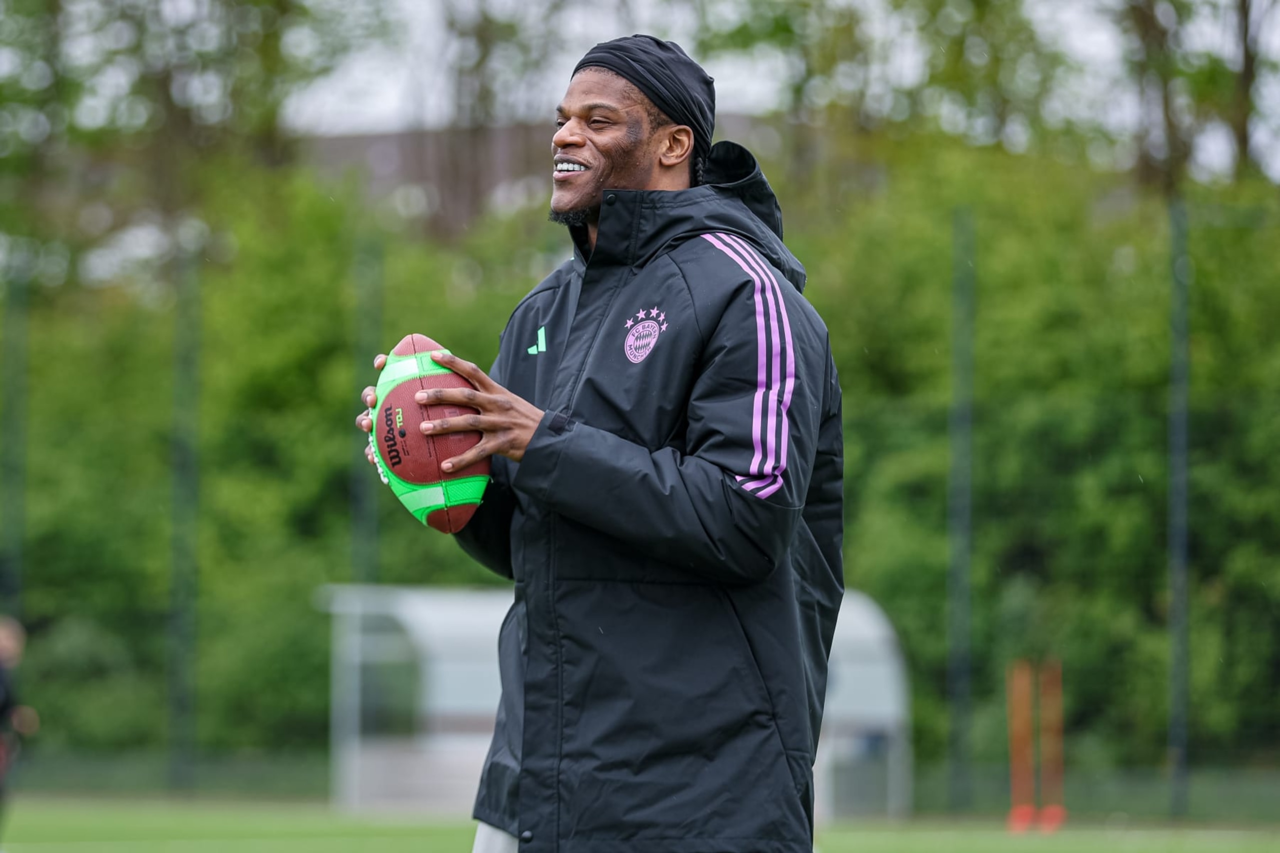 MUNICH, GERMANY - APRIL 21: Lamar Jackson leads the 'Flag Clinic' at FC Bayern Campus on April 21, 2024 in Munich, Germany. (Photo by Leonhard Simon/Getty Images)
