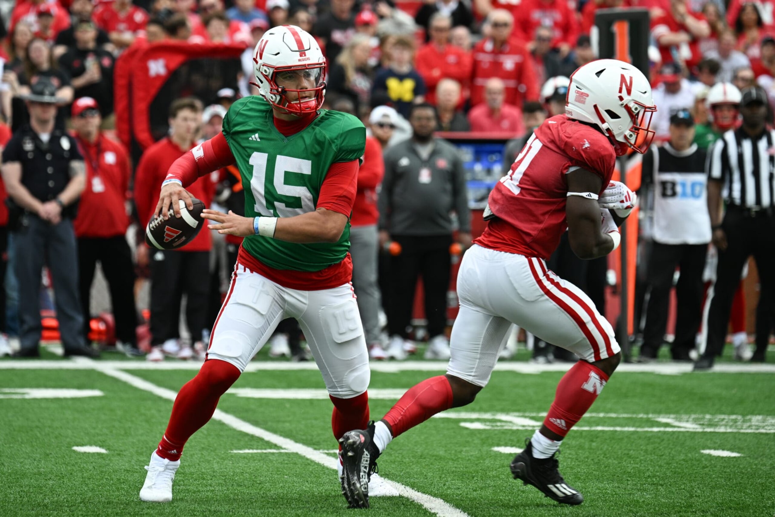 LINCOLN, NEBRASKA - APRIL 27: Dylan Raiola #15 of the Nebraska Cornhuskers looks to pass at the Nebraska Spring Football Game at Memorial Stadium on April 27, 2024 in Lincoln, Nebraska. (Photo by Steven Branscombe/Getty Images)