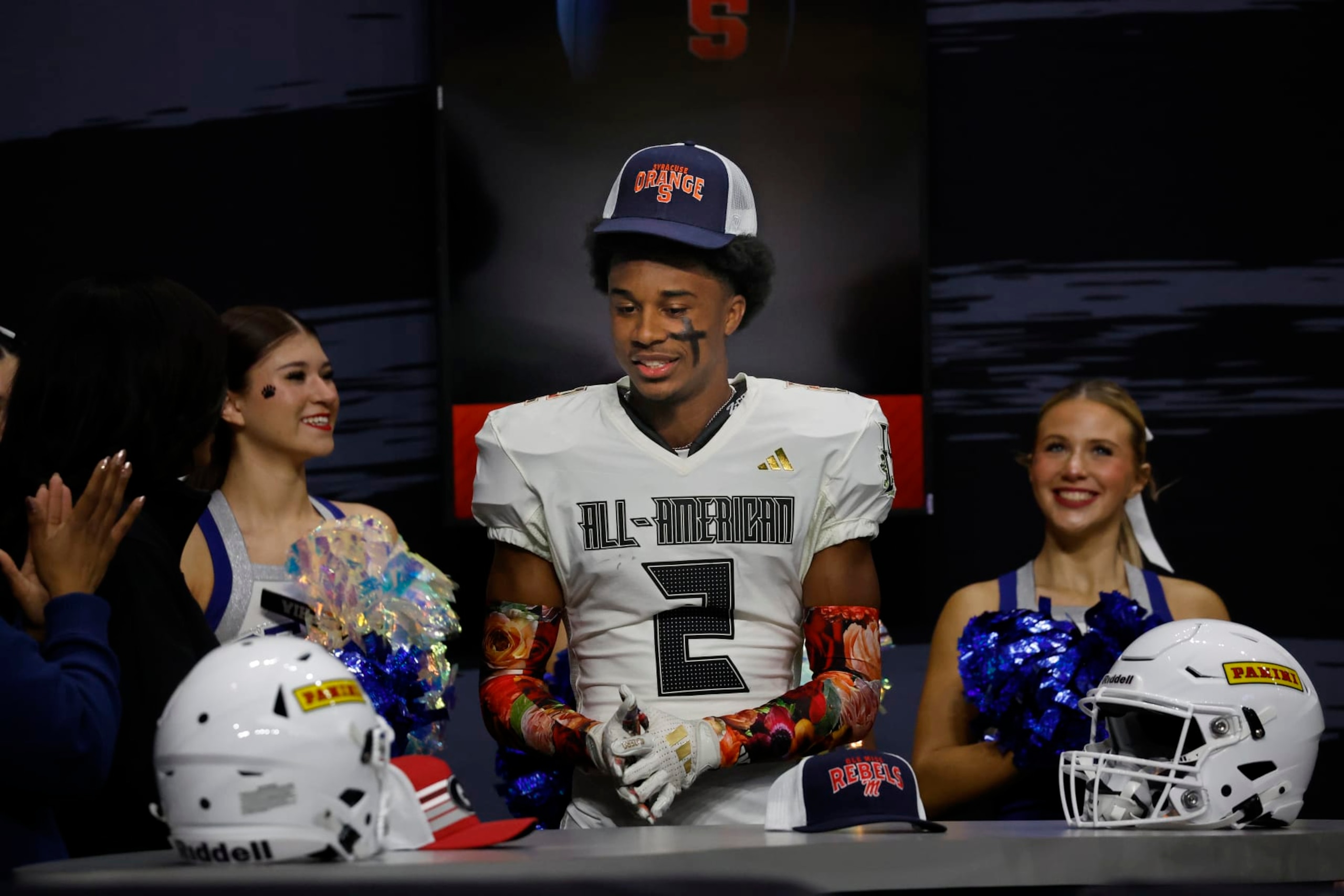 SAN ANTONIO, TX - JANUARY  06:  Marcellus Barnes Jr #2 of the East commits to Syracuse in the first half at the All American Bowl at the Alamodome on January 6, 2024  in San Antonio, Texas.  (Photo by Ronald Cortes/Getty Images)