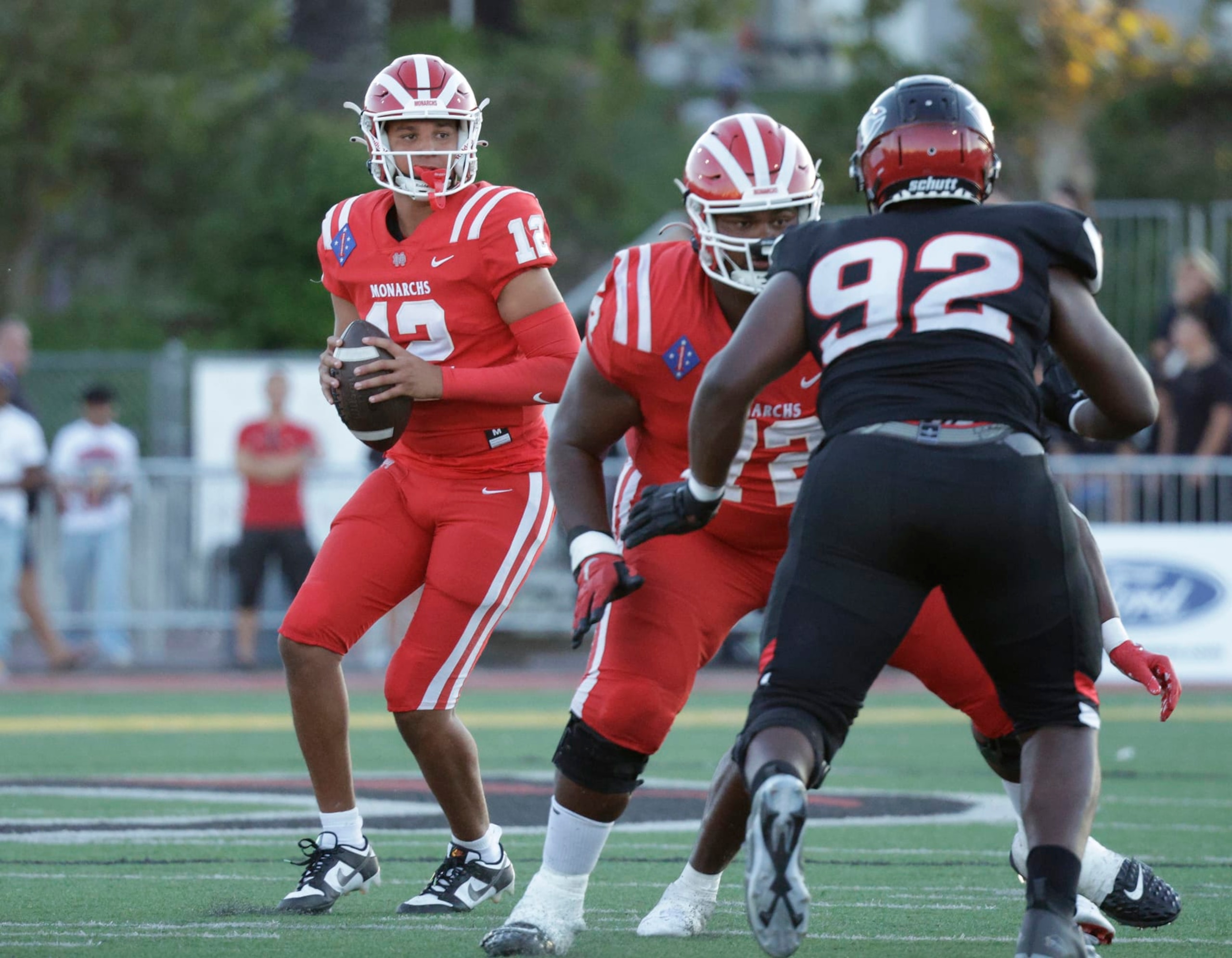 CORONA, CA - AUGUST 18: Mater Dei quarterback Elijah Brown, shown playing the season opener against Corona Centennial, announced that he is committing to Stanford. Photographed on Friday, Aug. 18, 2023 in Corona, CA. (Myung J. Chun / Los Angeles Times via Getty Images)