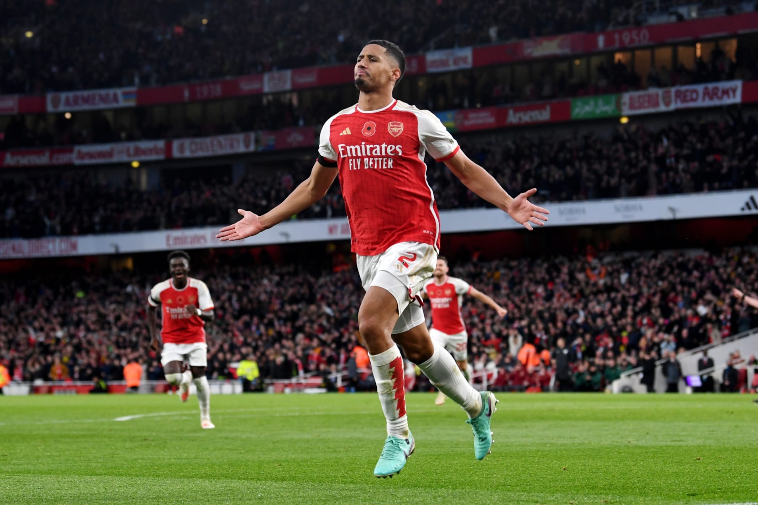 LONDON, ENGLAND - NOVEMBER 11: William Saliba of Arsenal celebrates after scoring the team's second goal during the Premier League match between Arsenal FC and Burnley FC at Emirates Stadium on November 11, 2023 in London, England. (Photo by David Price/Arsenal FC via Getty Images)