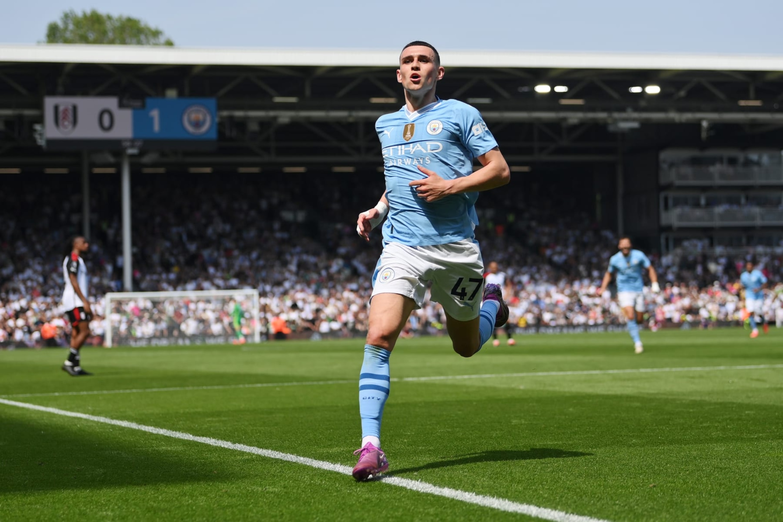 LONDON, ENGLAND - MAY 11: Phil Foden of Manchester City celebrates scoring his team's second goal during the Premier League match between Fulham FC and Manchester City at Craven Cottage on May 11, 2024 in London, England. (Photo by Justin Setterfield/Getty Images)