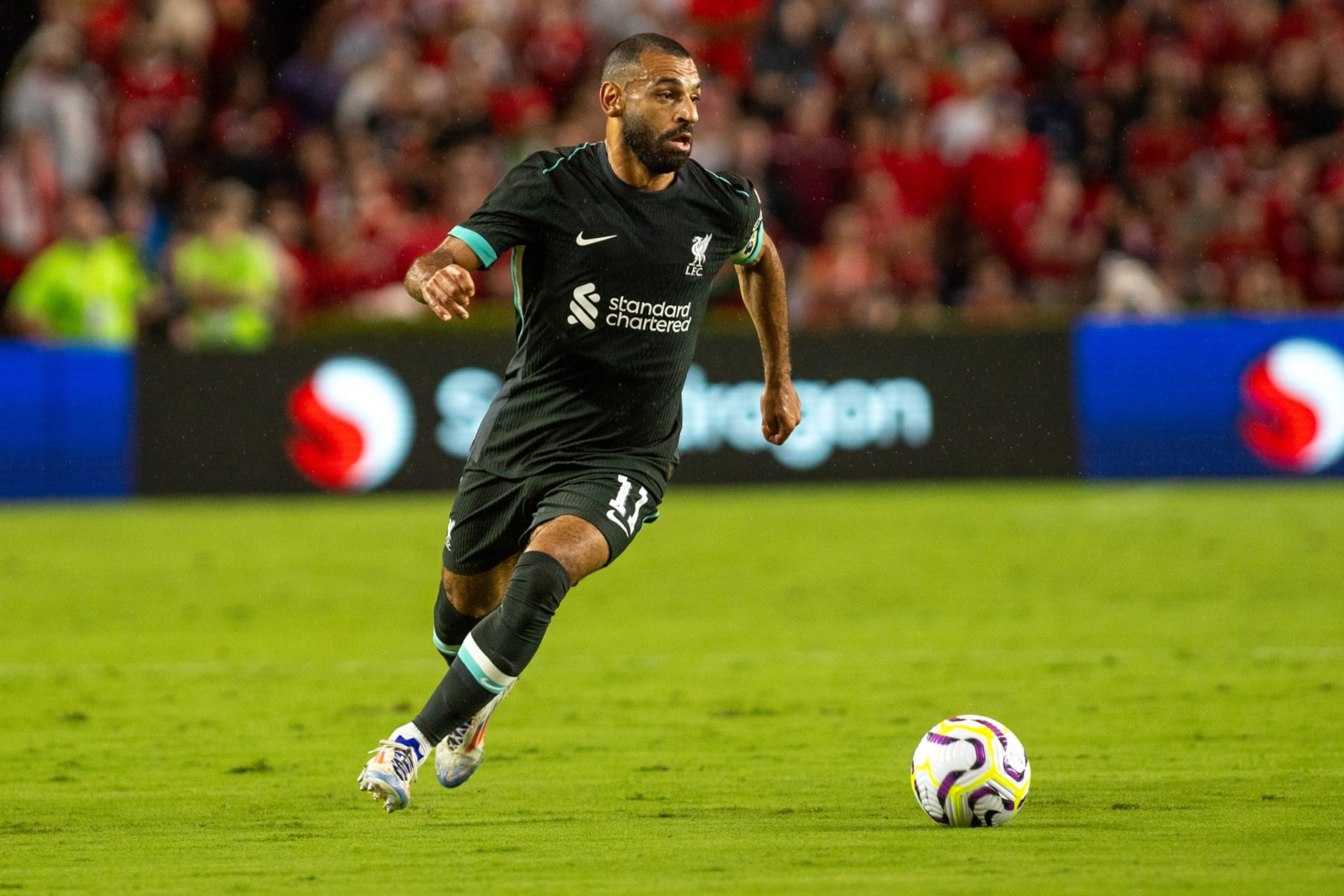 COLUMBIA, SOUTH CAROLINA - AUGUST 3: Mohamed Salah #11 of Liverpool FC attacks the defense during a match between Manchester United and Liverpool FC at Williams-Brice Stadium on August 3, 2024 in Columbia, South Carolina. (Photo by Eston Parker/ISI Photos/Getty Images)