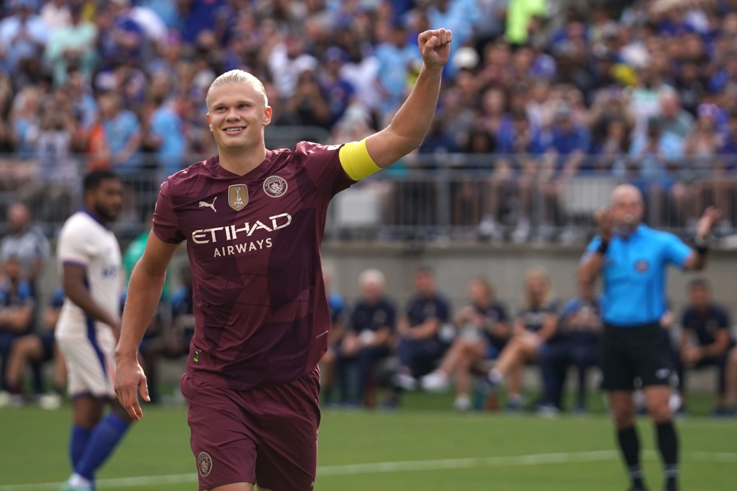 COLUMBUS, OHIO - AUGUST 03: Erling Haaland #9 of Manchester City celebrates a goal in the first half of the pre-season friendly against Chelsea FC at Ohio Stadium on August 03, 2024 in Columbus, Ohio. (Photo by Jason Mowry/Getty Images)