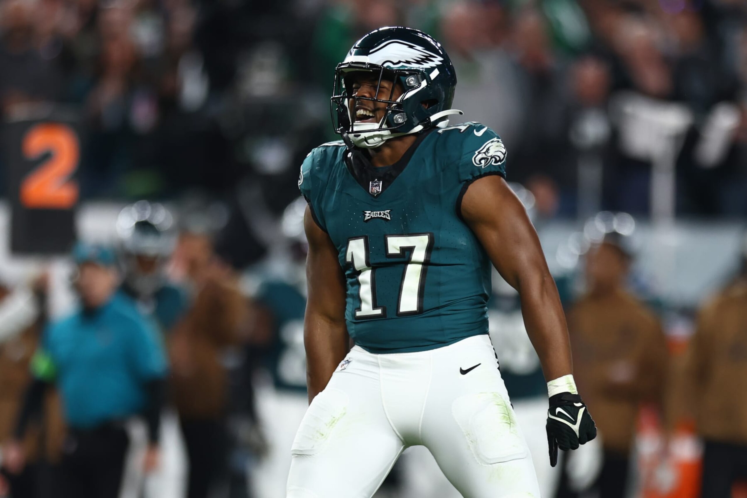 PHILADELPHIA, PENNSYLVANIA - NOVEMBER 05: Nakobe Dean #17 of the Philadelphia Eagles react after a sack during the second quarter in the game against the Dallas Cowboys at Lincoln Financial Field on November 05, 2023 in Philadelphia, Pennsylvania. (Photo by Tim Nwachukwu/Getty Images) PHILADELPHIA, PENNSYLVANIA - NOVEMBER 05: Nakobe Dean #17 of the Philadelphia Eagles react after a sack during the second quarter in the game against the Dallas Cowboys at Lincoln Financial Field on November 05, 2023 in Philadelphia, Pennsylvania. (Photo by Tim Nwachukwu/Getty Images)