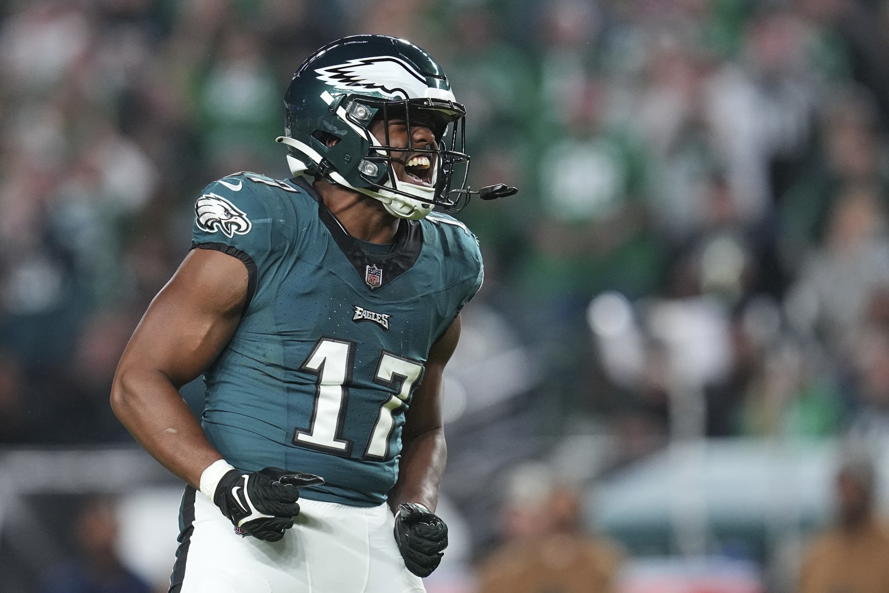 PHILADELPHIA, PENNSYLVANIA - NOVEMBER 5: Nakobe Dean #17 of the Philadelphia Eagles reacts against the Dallas Cowboys at Lincoln Financial Field on November 5, 2023 in Philadelphia, Pennsylvania. (Photo by Mitchell Leff/Getty Images)
