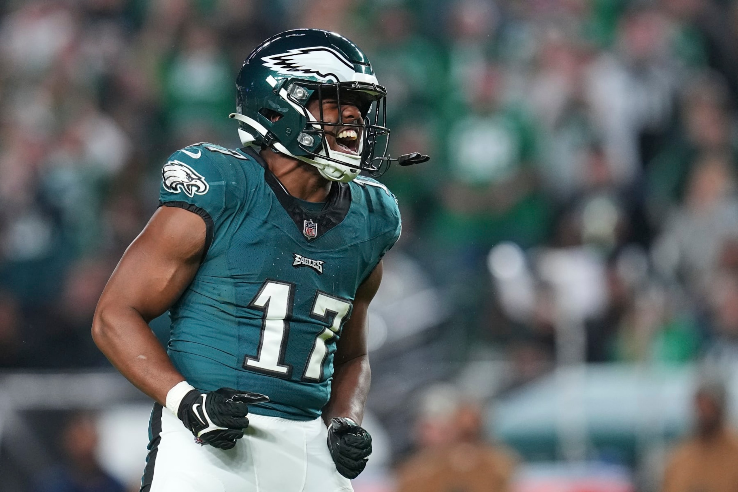 PHILADELPHIA, PENNSYLVANIA - NOVEMBER 5: Nakobe Dean #17 of the Philadelphia Eagles reacts against the Dallas Cowboys at Lincoln Financial Field on November 5, 2023 in Philadelphia, Pennsylvania. (Photo by Mitchell Leff/Getty Images) PHILADELPHIA, PENNSYLVANIA - NOVEMBER 5: Nakobe Dean #17 of the Philadelphia Eagles reacts against the Dallas Cowboys at Lincoln Financial Field on November 5, 2023 in Philadelphia, Pennsylvania. (Photo by Mitchell Leff/Getty Images)