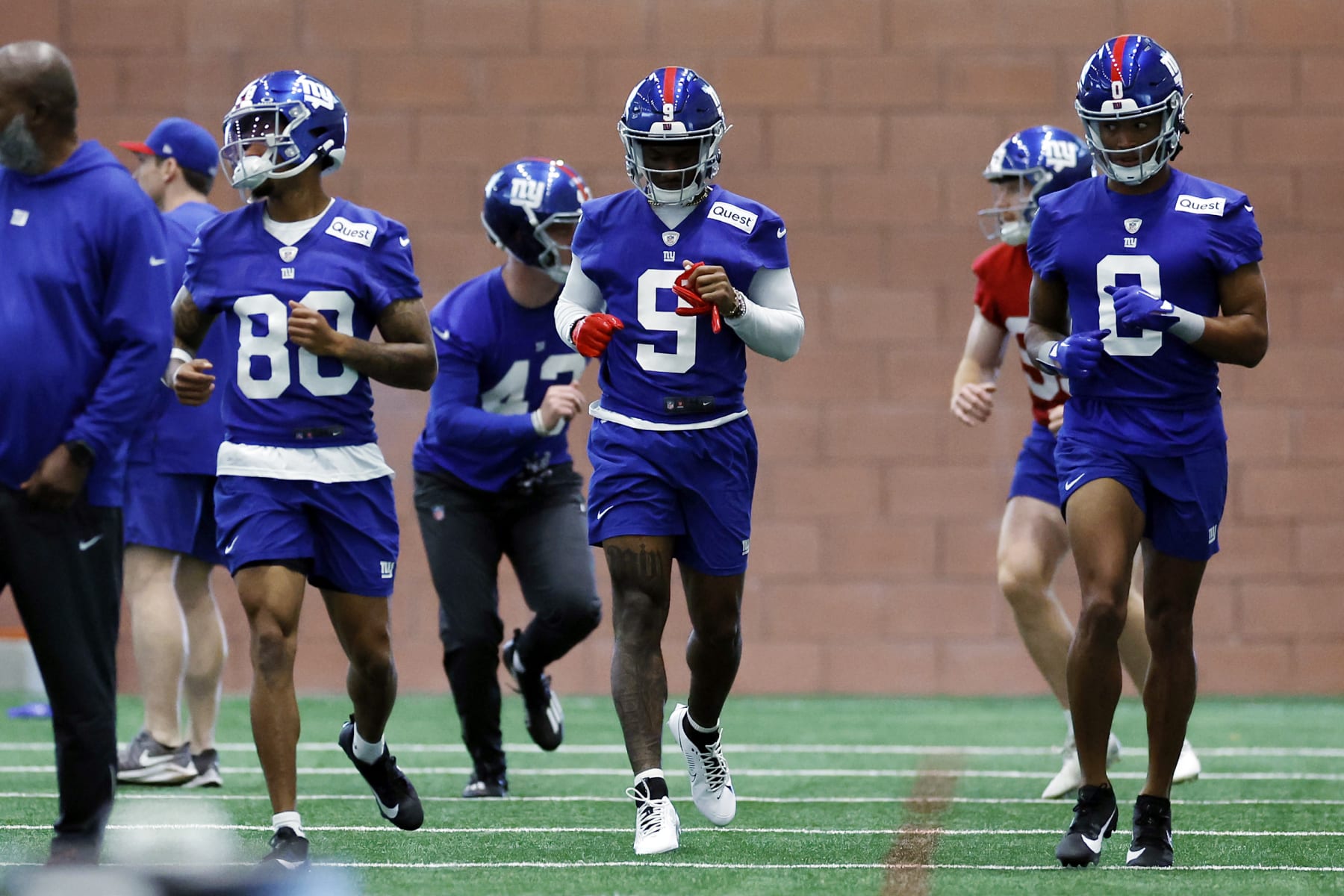 EAST RUTHERFORD, NEW JERSEY - MAY 10: Wide receiver Malik Nabers #9 of the New York Yankees runs drills during New York Giants Rookie Minicamp at Quest Diagnostics Training Center on May 10, 2024 in East Rutherford, New Jersey. (Photo by Sarah Stier/Getty Images)