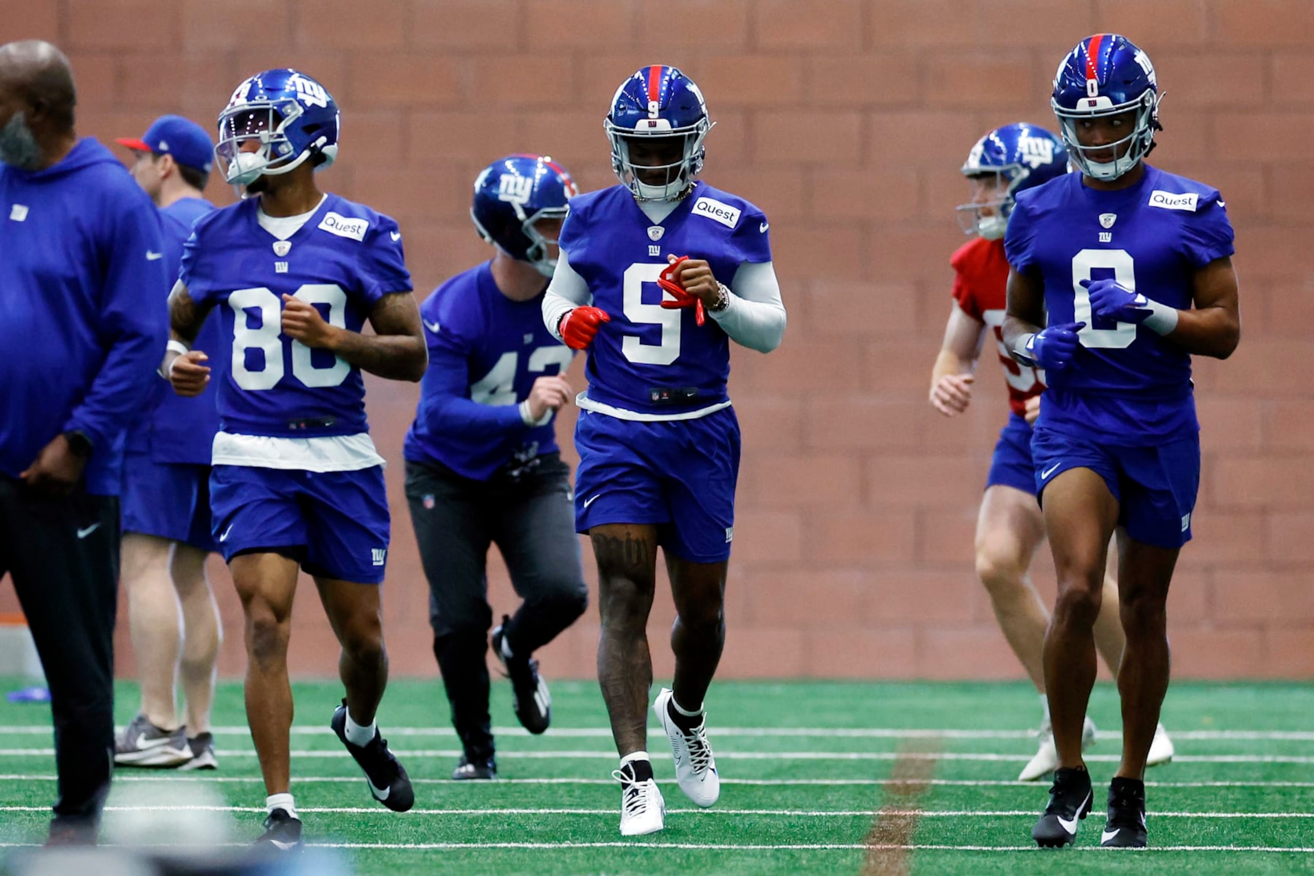 EAST RUTHERFORD, NEW JERSEY - MAY 10: Wide receiver Malik Nabers #9 of the New York Yankees runs drills during New York Giants Rookie Minicamp at Quest Diagnostics Training Center on May 10, 2024 in East Rutherford, New Jersey. (Photo by Sarah Stier/Getty Images)