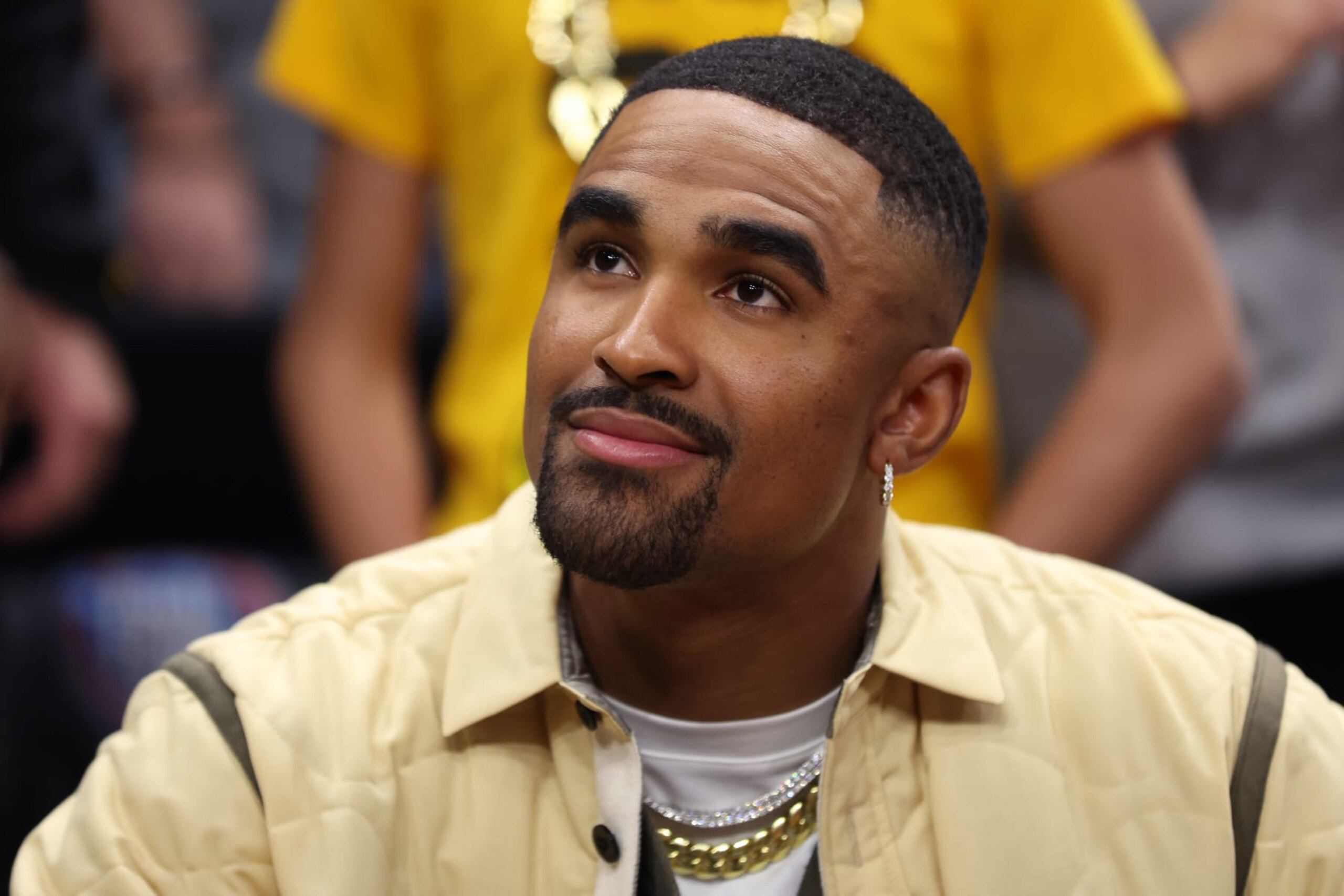 CLEVELAND, OHIO - APRIL 07: Jalen Hurts attends the 2024 NCAA Women's Basketball Tournament National Championship between the Iowa Hawkeyes and the South Carolina Gamecocks at Rocket Mortgage FieldHouse on April 07, 2024 in Cleveland, Ohio. (Photo by Steph Chambers/Getty Images)
