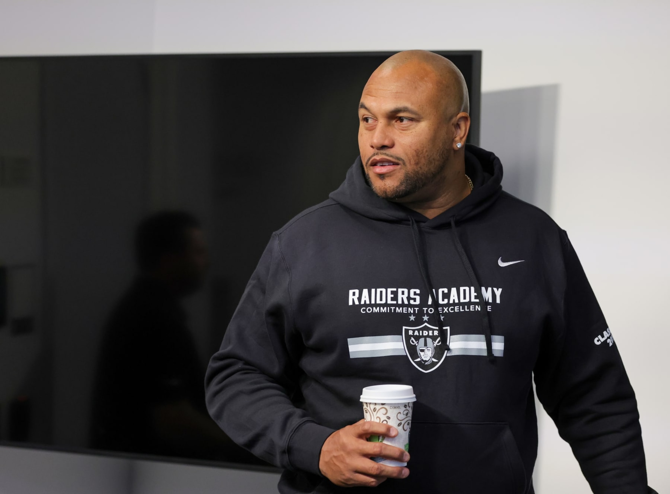 HENDERSON, NEVADA - JUNE 13: Head coach Antonio Pierce of the Las Vegas Raiders arrives at a news conference during mandatory minicamp at the Las Vegas Raiders Headquarters/Intermountain Healthcare Performance Center on June 13, 2024 in Henderson, Nevada. (Photo by Ethan Miller/Getty Images)