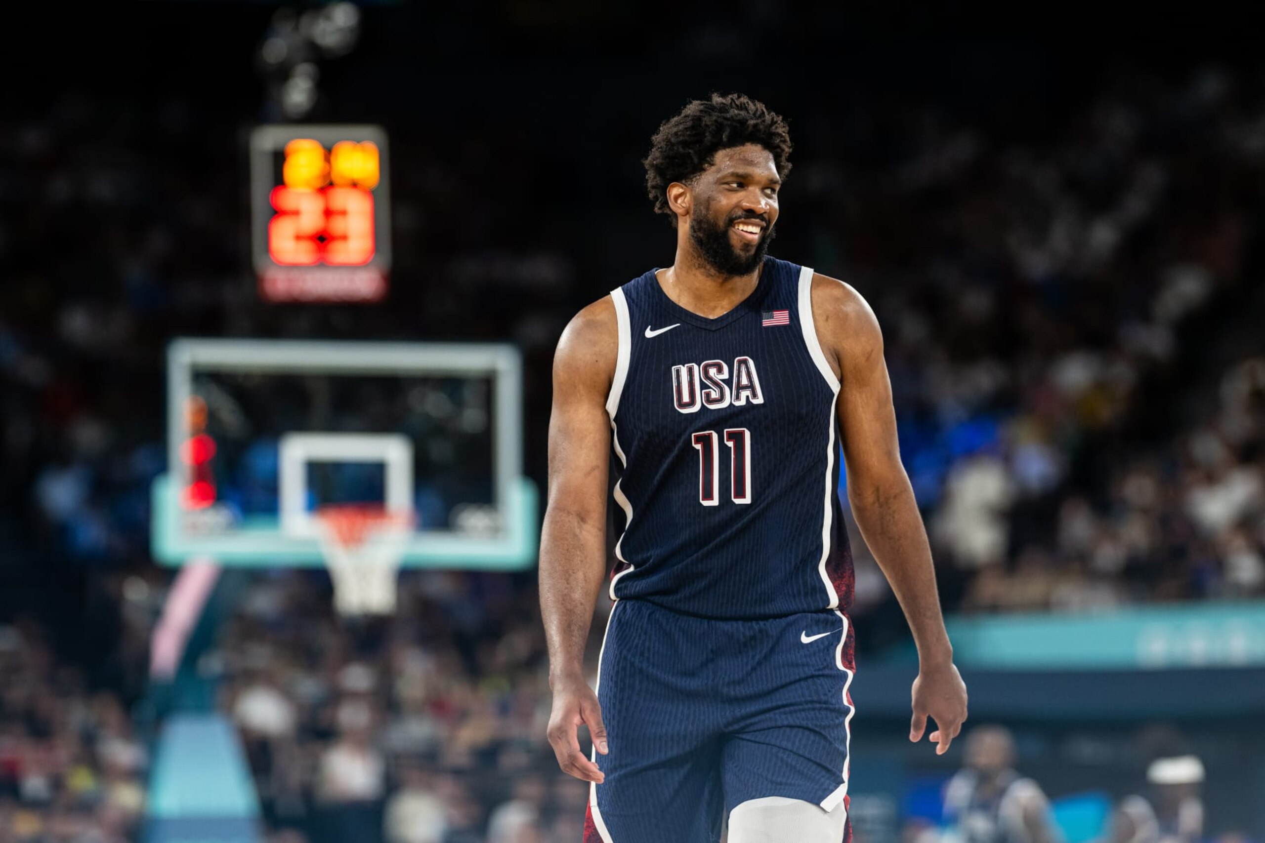 PARIS, FRANCE - AUGUST 06: Joel Embiid of USA gestures during the quarterfinal between USA and Brazil  on day eleven of the Olympic Games Paris 2024 at Bercy Arena on August 06, 2024 in Paris, France. (Photo by Marvin Ibo Guengoer - GES Sportfoto/Getty Images)
