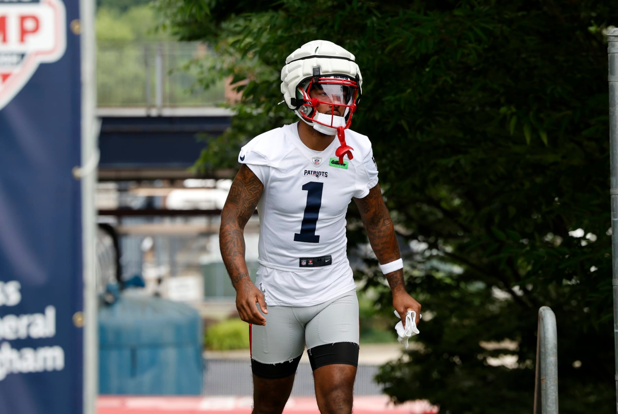 FOXBOROUGH, MA - JULY 24: New England Patriots wide receiver Ja'Lynn Polk (1) walks to the field during New England Patriots Training Camp on July 24, 2024, at Gillette Stadium in Foxborough, Massachusetts. (Photo by Fred Kfoury III/Icon Sportswire via Getty Images)