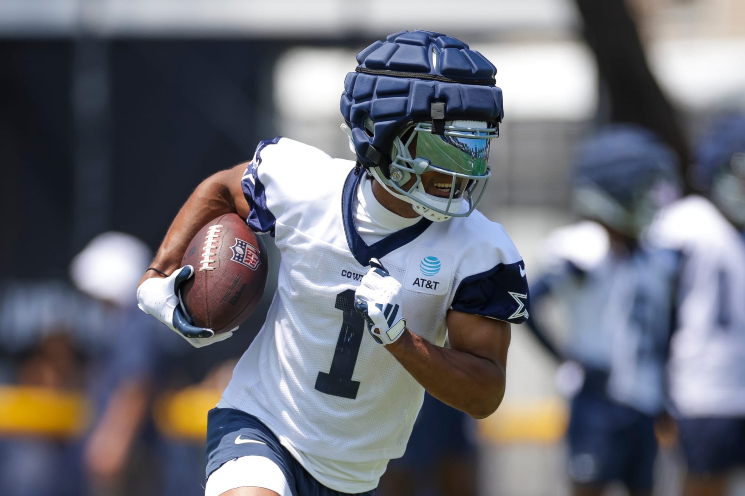 OXNARD, CA - JULY 25: Dallas Cowboys wide receiver Jalen Tolbert (1) runs with the ball during the team's training camp at River Ridge Playing Fields on July 25, 2024 in Oxnard, CA. (Photo by Brandon Sloter/Icon Sportswire via Getty Images)