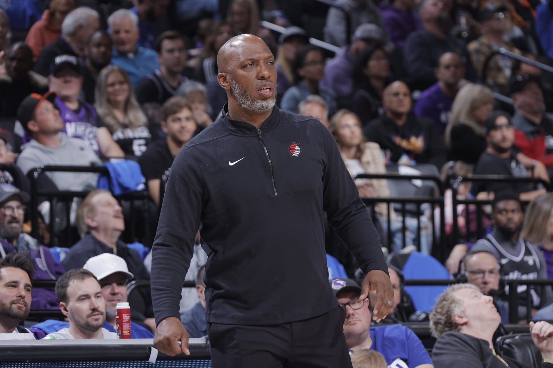 SACRAMENTO, CA - APRIL 14: Head Coach Chauncey Billups of the Portland Trail Blazers looks on during the game against the Sacramento Kings on April 14, 2024 at Golden 1 Center in Sacramento, California. NOTE TO USER: User expressly acknowledges and agrees that, by downloading and or using this photograph, User is consenting to the terms and conditions of the Getty Images Agreement. Mandatory Copyright Notice: Copyright 2024 NBAE (Photo by Rocky Widner/NBAE via Getty Images)