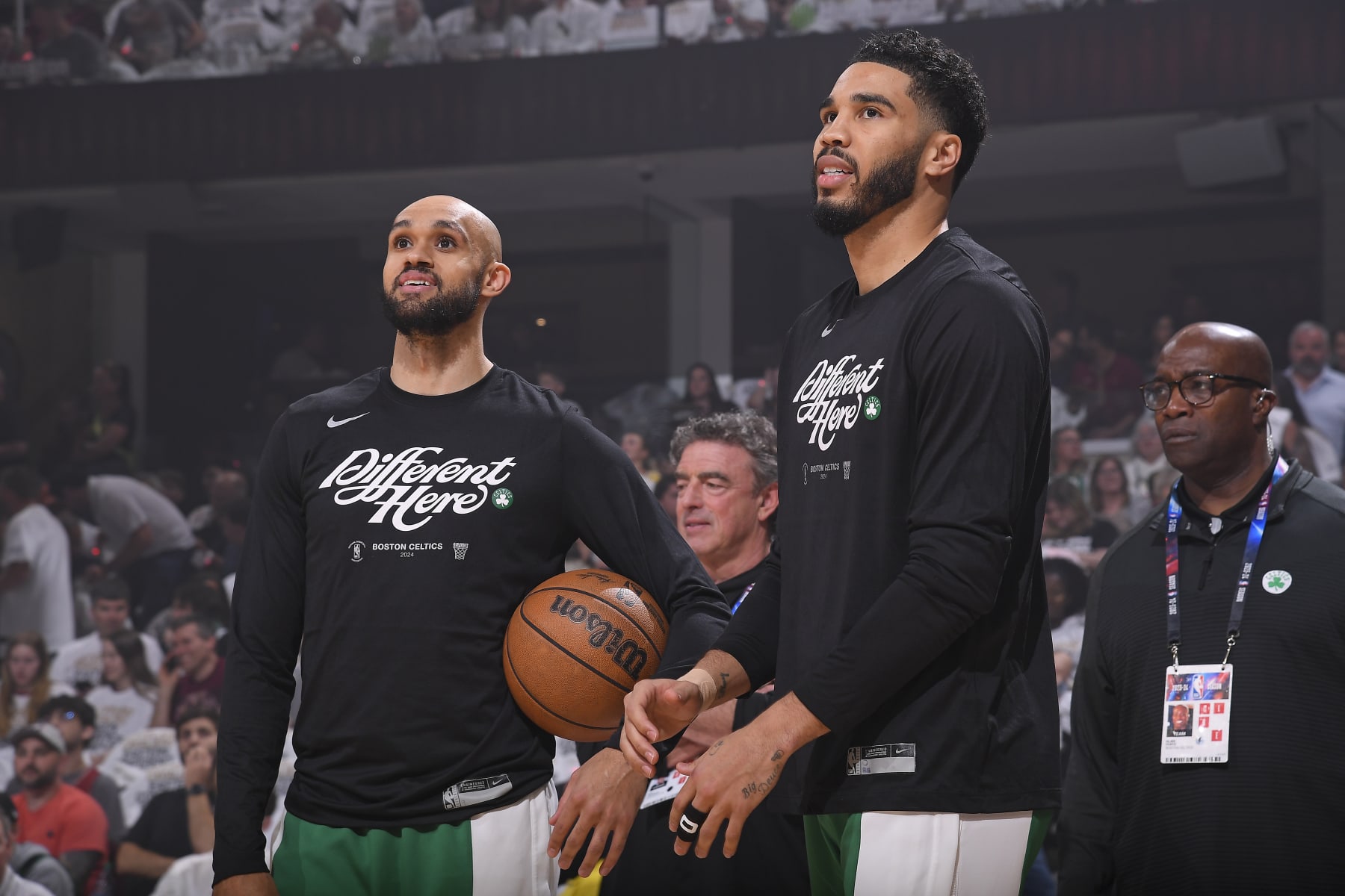 CLEVELAND, OH - MAY 13: Jayson Tatum #0 and Derrick White #9 of the Boston Celtics look on before the game against the Cleveland Cavaliers during Round 2 Game 4 of the 2024 NBA Playoffs on May 13, 2024 at Rocket Mortgage FieldHouse in Cleveland, Ohio. NOTE TO USER: User expressly acknowledges and agrees that, by downloading and/or using this Photograph, user is consenting to the terms and conditions of the Getty Images License Agreement. Mandatory Copyright Notice: Copyright 2024 NBAE (Photo by Brian Babineau/NBAE via Getty Images)