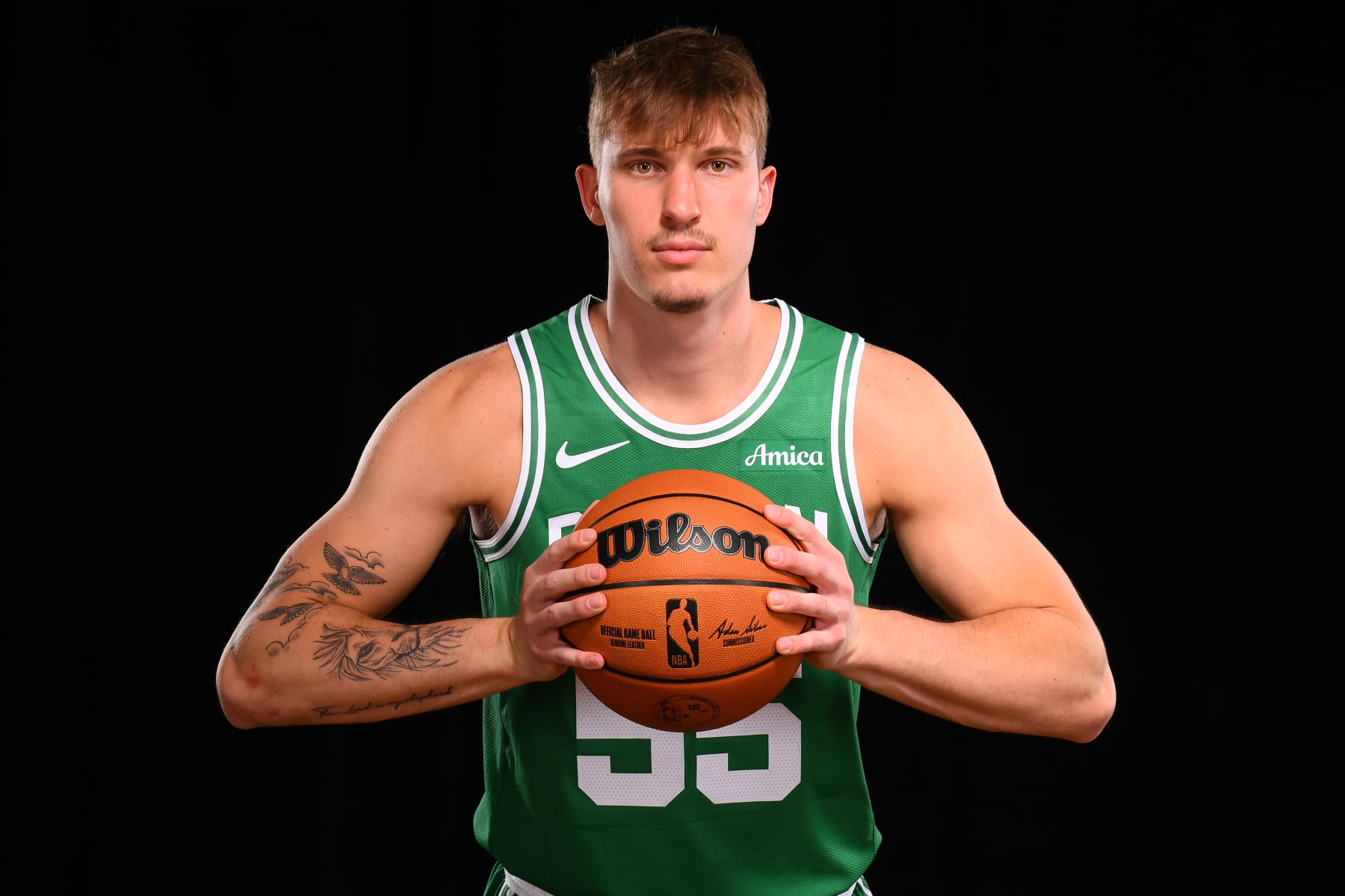 LAS VEGAS, NV - JULY 16: Baylor Scheierman #55 of the Boston Celtics poses for a portrait during the 2024 NBA Rookie Photo Shoot on July 16, 2024 at the University of Nevada, Las Vegas campus in Las Vegas, Nevada. NOTE TO USER: User expressly acknowledges and agrees that, by downloading and/or using this Photograph, user is consenting to the terms and conditions of the Getty Images License Agreement. Mandatory Copyright Notice: Copyright 2024 NBAE (Photo by Brian Babineau/NBAE via Getty Images)