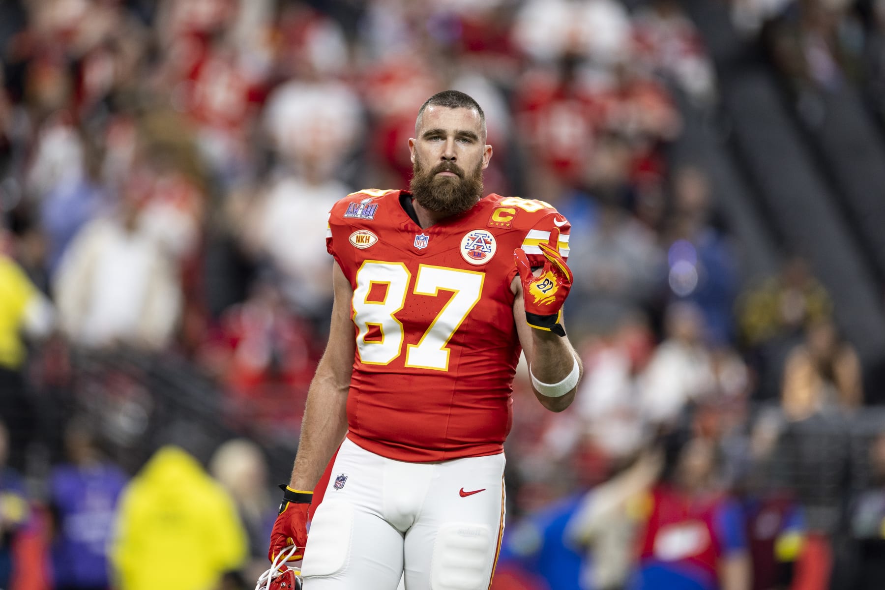 LAS VEGAS, NEVADA - FEBRUARY 11: Travis Kelce #87 of the Kansas City Chiefs reacts as he signals prior to the NFL Super Bowl 58 football game between the San Francisco 49ers and the Kansas City Chiefs at Allegiant Stadium on February 11, 2024 in Las Vegas, Nevada. (Photo by Michael Owens/Getty Images)